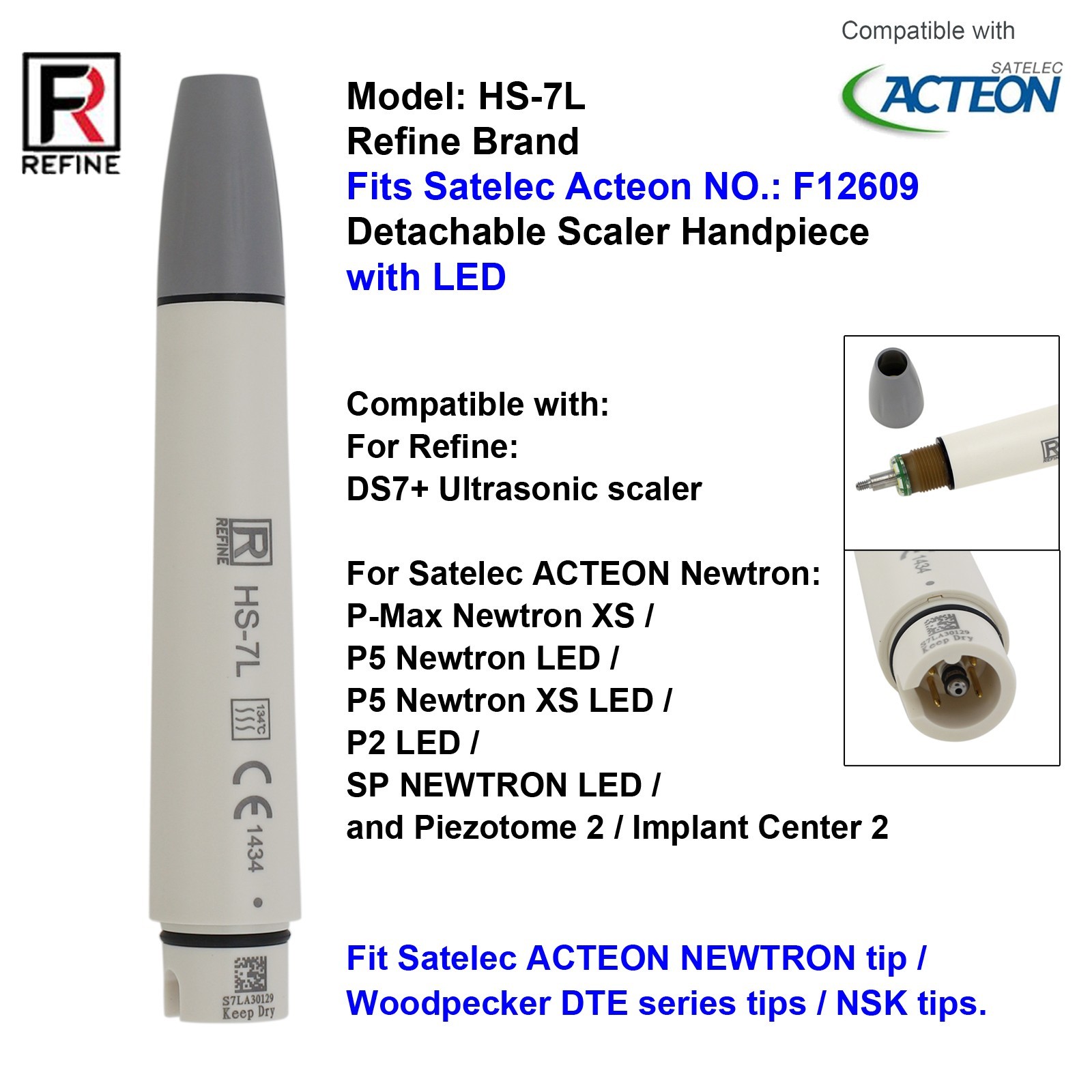 Dental Ultrasonic Scaler ACTEON Tip H3 10X 1S Piezo NEWTRON Slim B.LED Handpiece