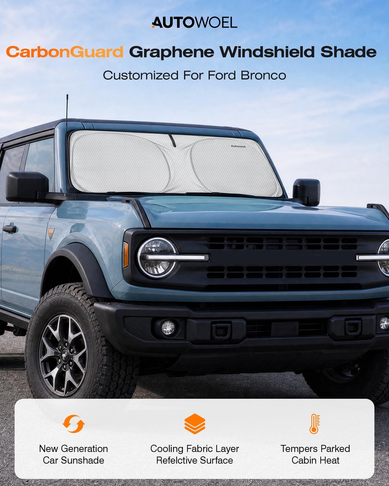 Graphene & Activated Carbon Windshield Sun Shade Foadable for Ford Bronco 202…