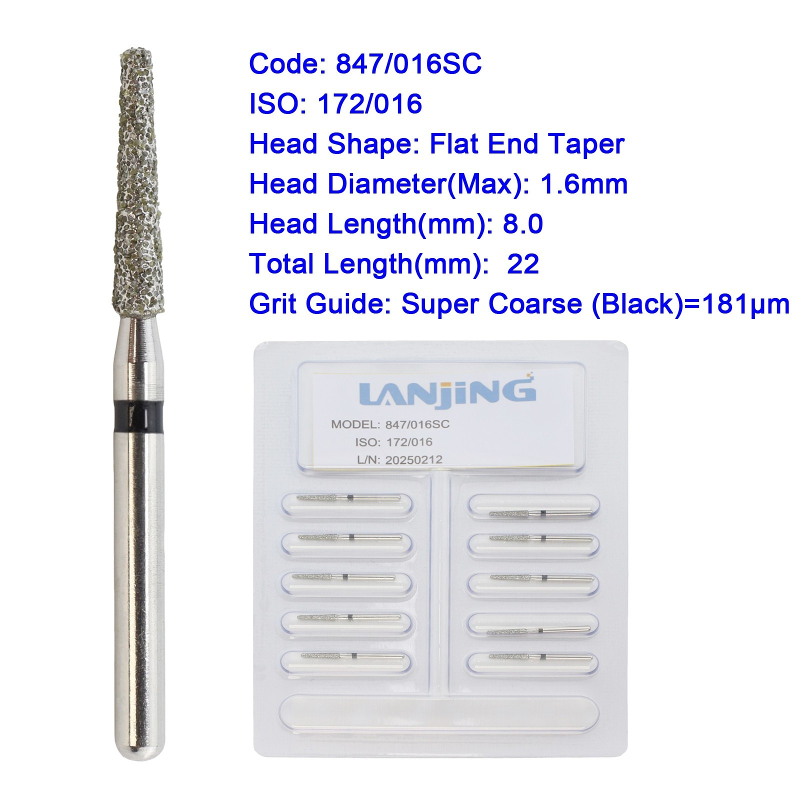 10 Dental Diamond Burs 847/016SC FG Flat End Taper Super Coarse Black High Speed