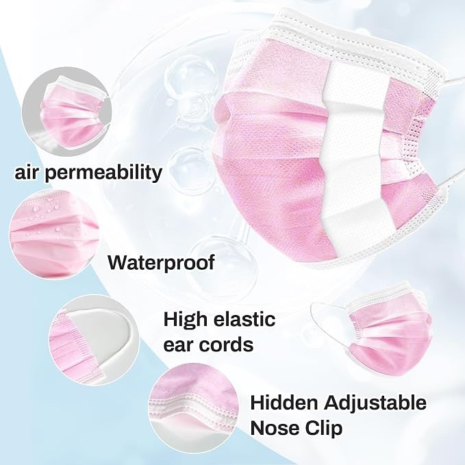 100 PCS Pink Disposable Face Mask – 3 Ply Filter 1 Count (Pack of 1),