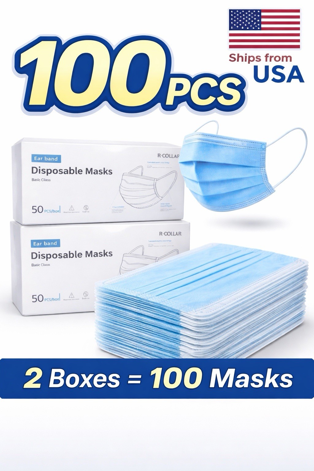 100 PCS Blue Disposable Face Masks 3-Ply Earloop Breathable Free Shipping