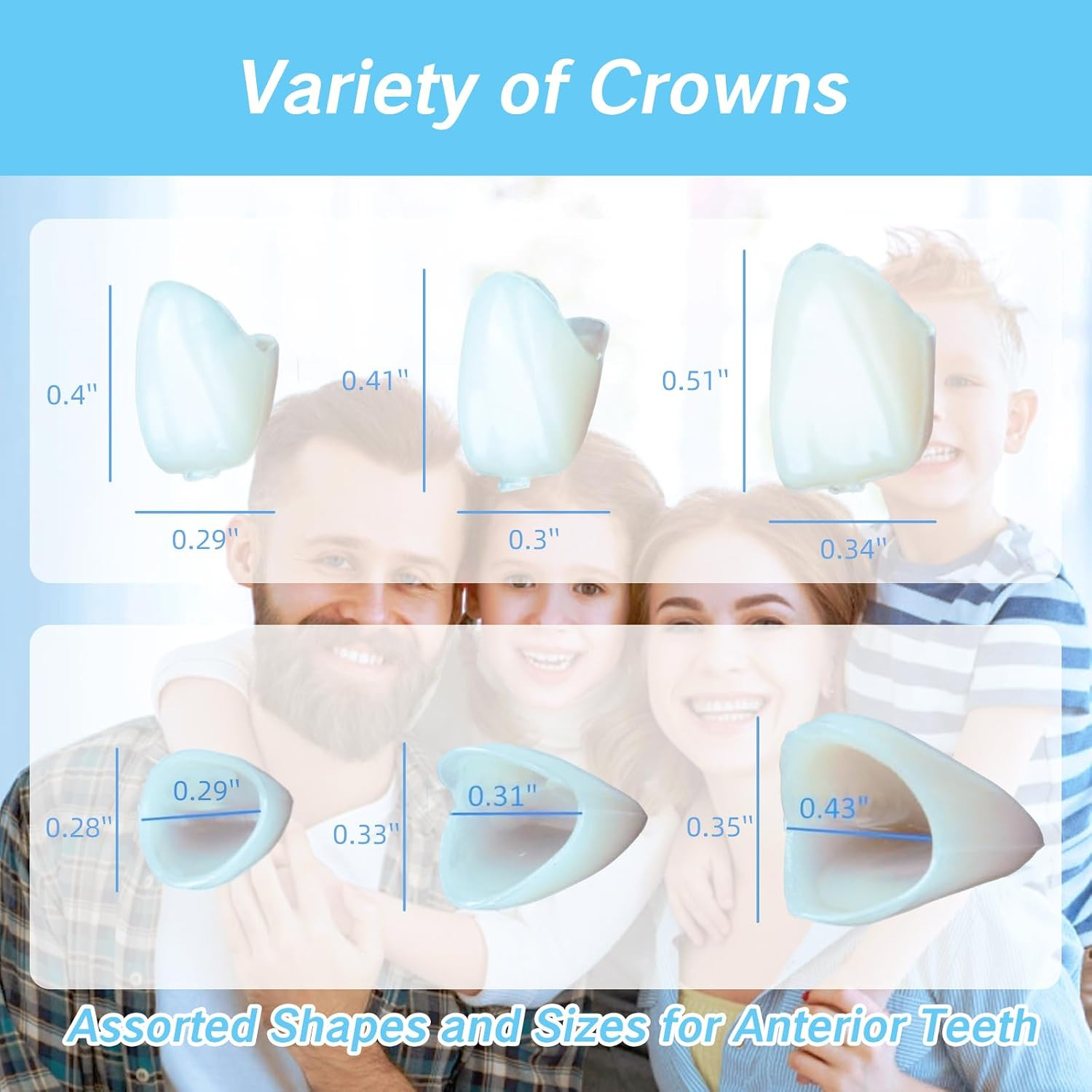 50 Pcs Tooth Caps for Broken Tooth Mixed Sizes Dental Temporary Crown Kit Front
