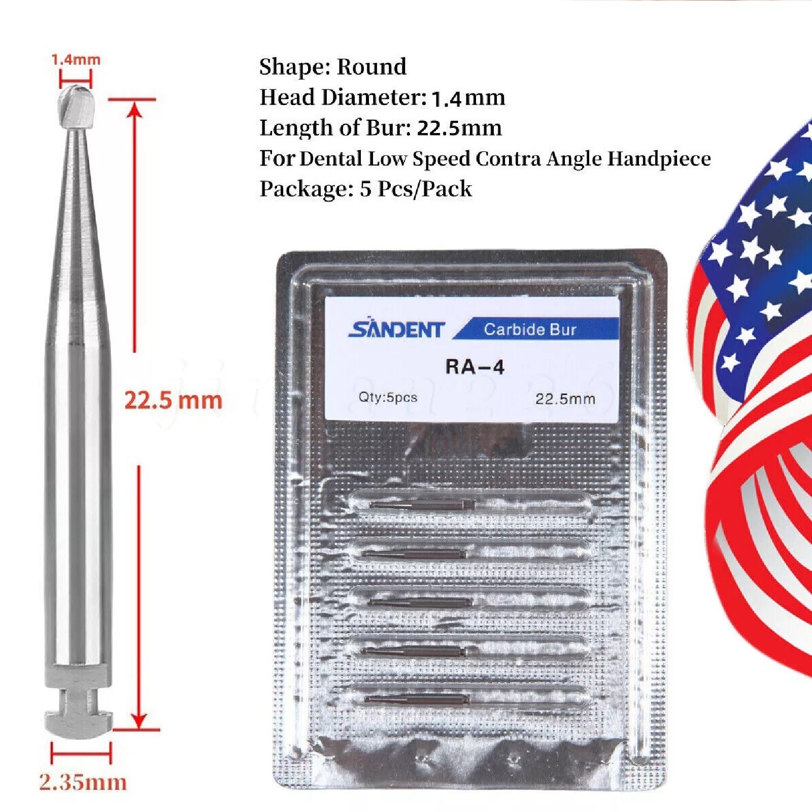 25 Pcs/5 Pack Dental 22.5mm Round Carbide Bur Slow Speed Latch Type RA4 Burs USA