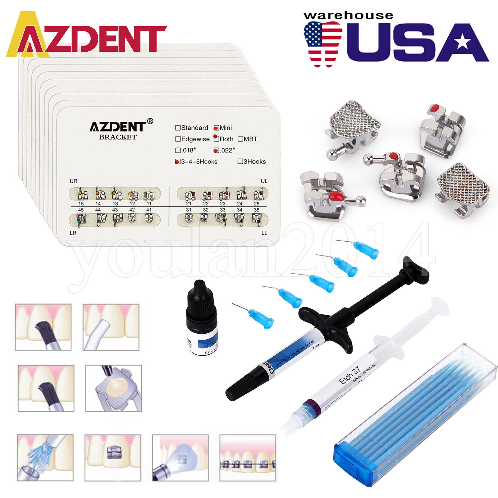 10Pack Dental Ortho Brackets Braces Mini Roth.022 /Light Cure Adhesive Kit