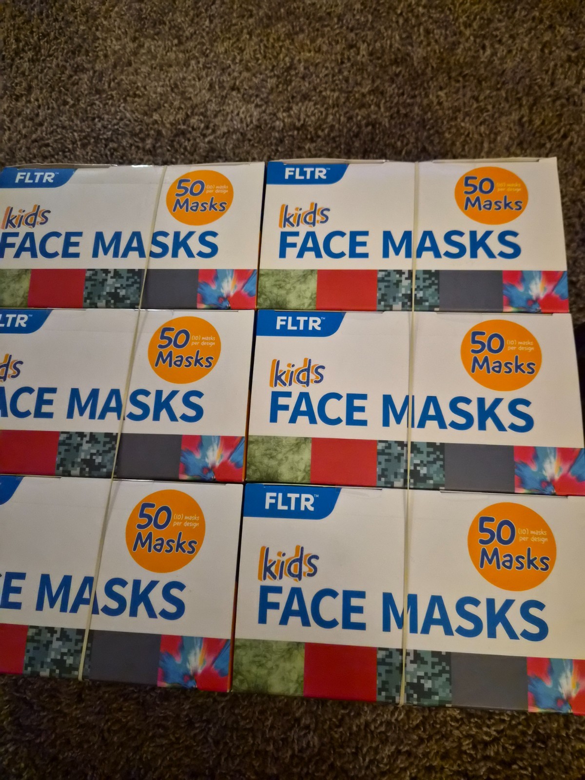 Lot of 6, FLTR Kids Face Masks 5 Designs 50 Pack, 20 adjustable ear loop clips