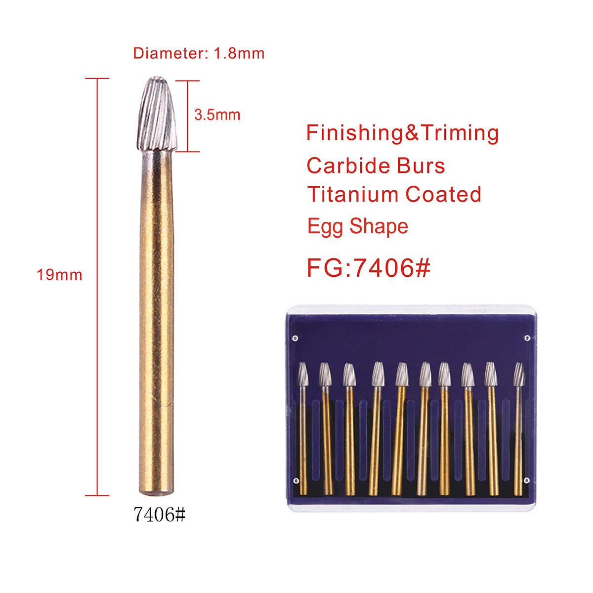 10pcs Dental Tungsten Steel Carbide Bur FG 7406 Egg Shape F High Speed Handpiece