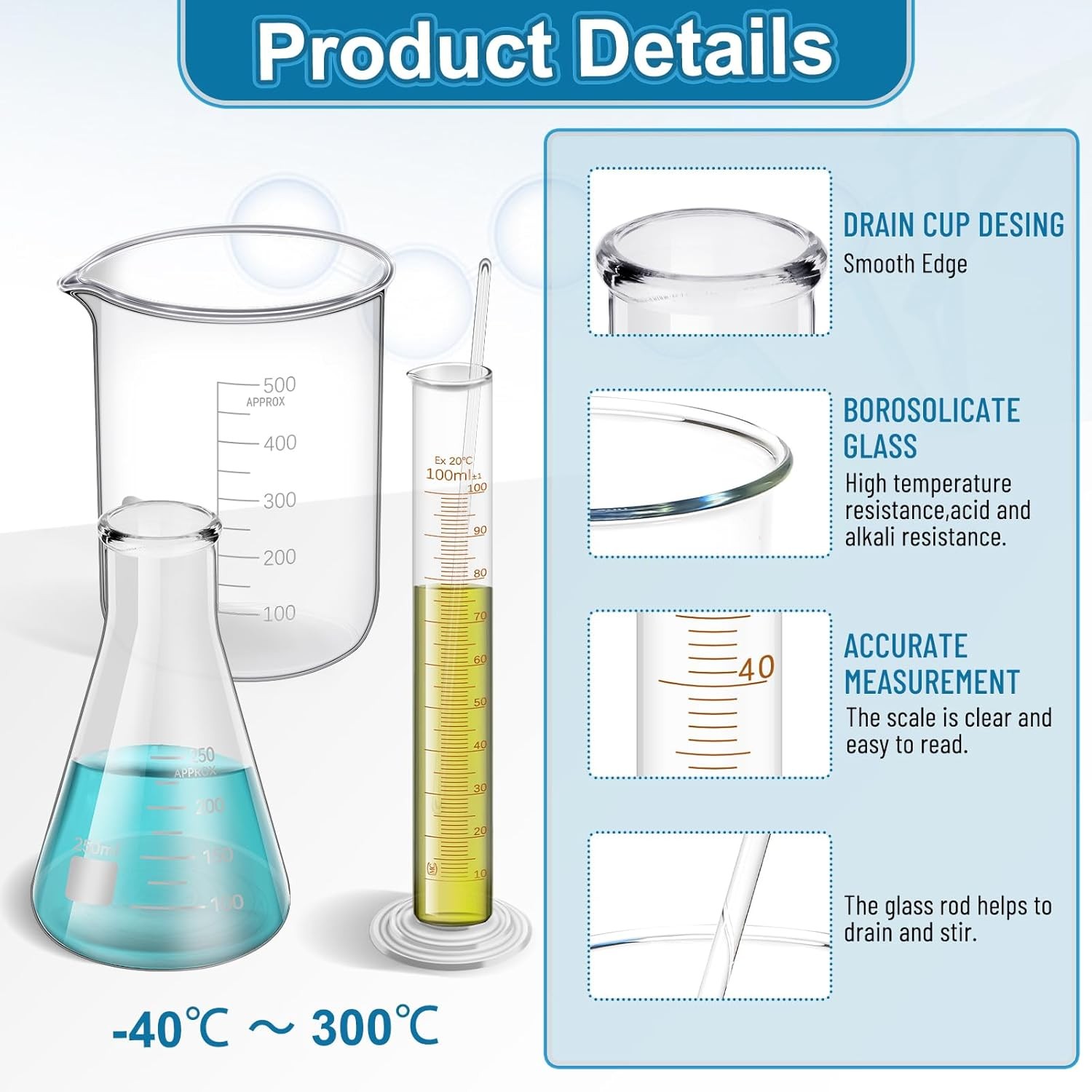 14 Pcs Measuring Beaker Set Lab Flask Glass Graduated Cylinder with Stirring Rod