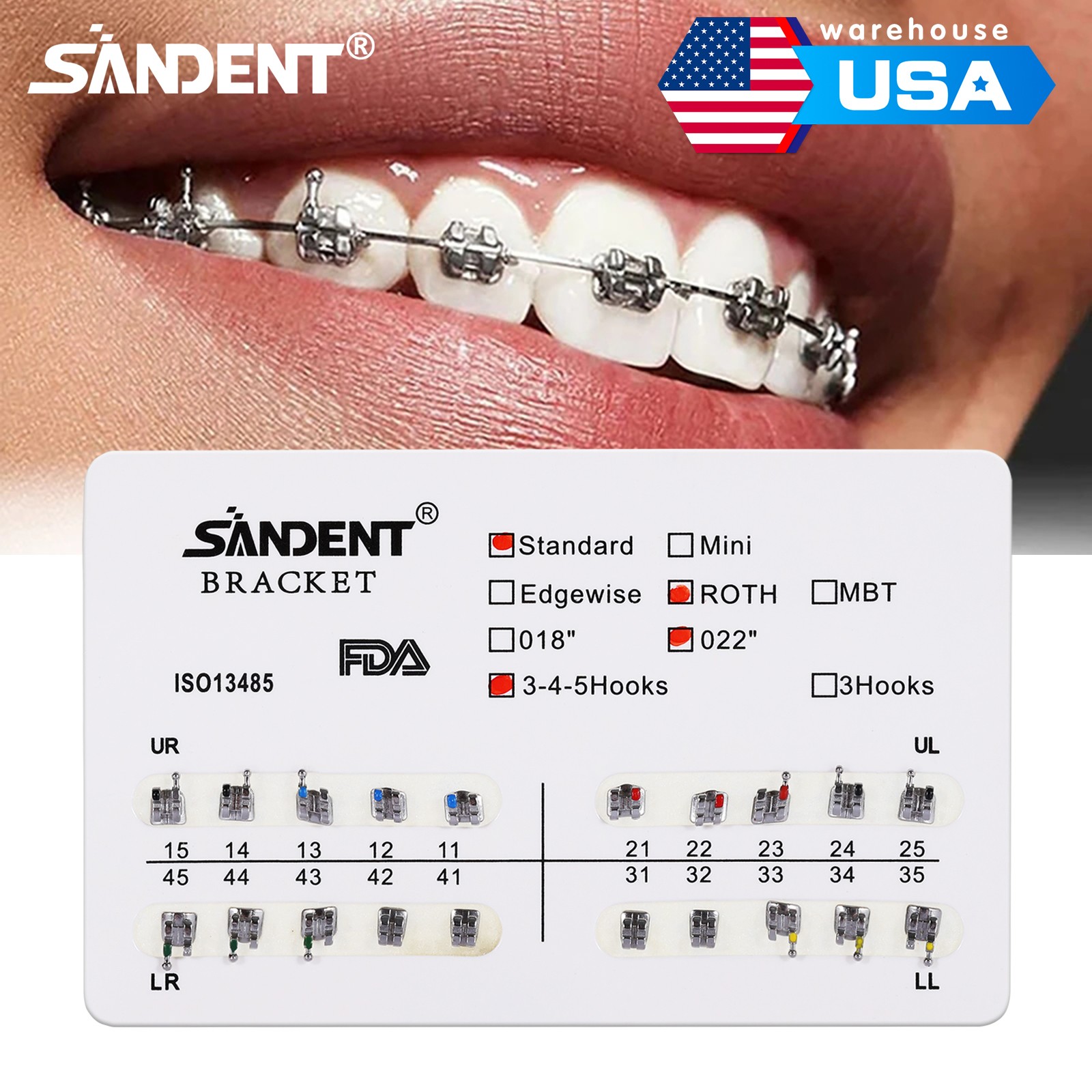 10 kits Dental Orthodontic Brackets Metal Braces Standard Roth 022 Hooks 3-4-5