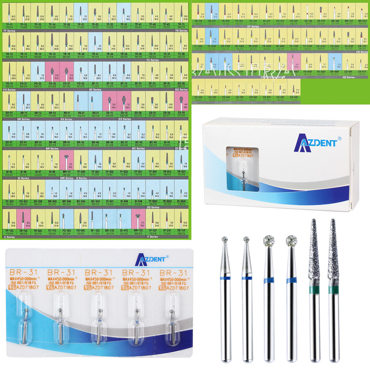 500Pcs 100 Types AZDENT Dental Diamond Burs Drills for High Speed Handpiece