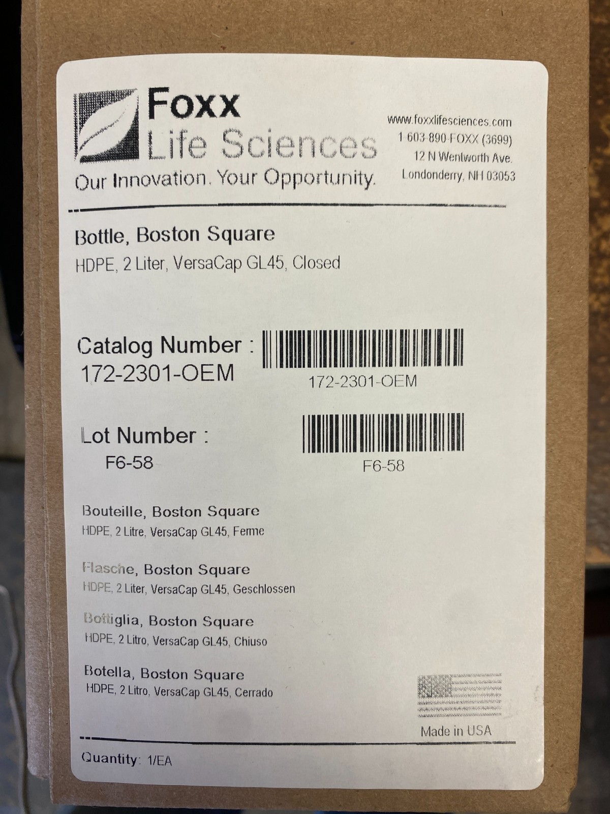 Foxx Life Sciences 2L HDPE Boston Square Bottle GL45 VersaCap – Case of 8 – New
