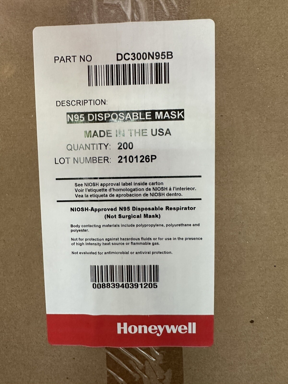 Honeywell N95 DC300N95B Respirator Particulate Masks Disposable NIOSH, 200/Box.