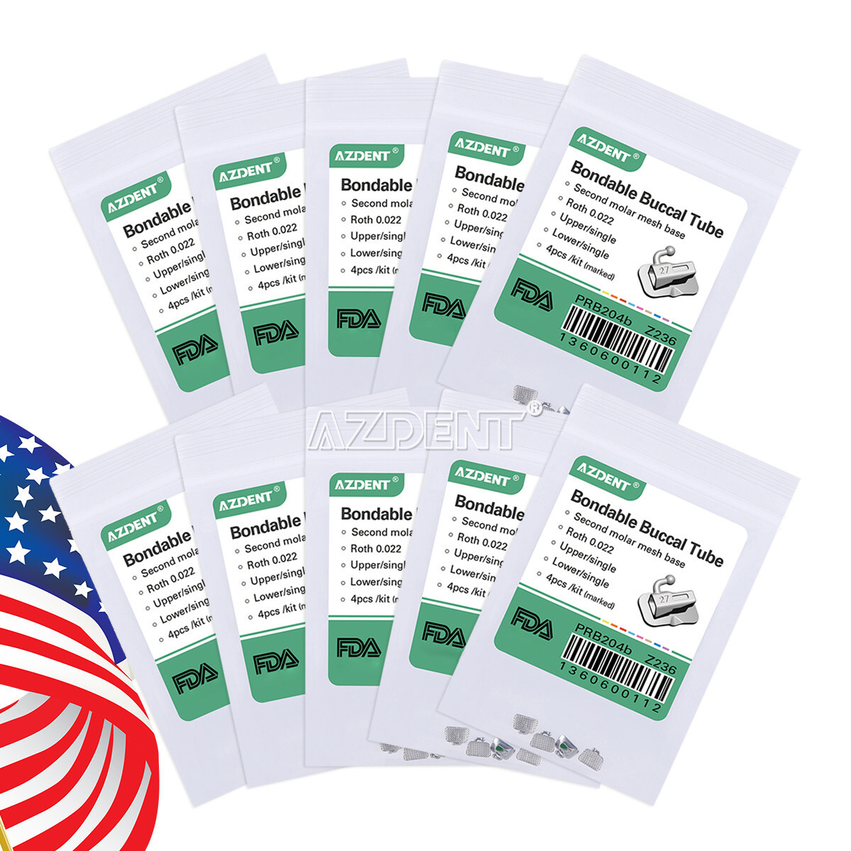 10bags AZDENT Tubos bucales ortodoncia dental Roth 022 2do molar adherible