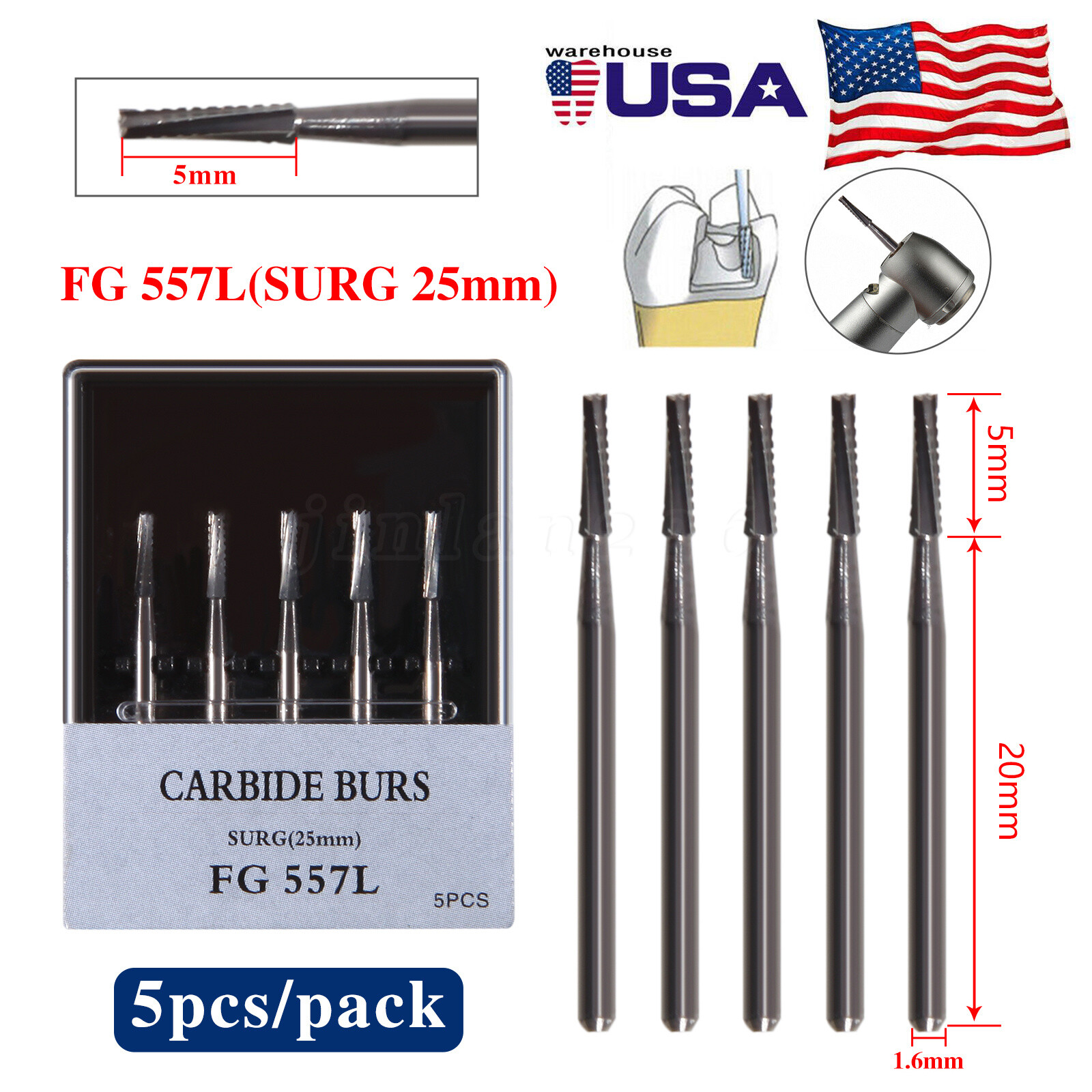 50pcs Dental Surgical Burs Carbide Bur FGOS 557 Straight Fissure FG SURG 25mm