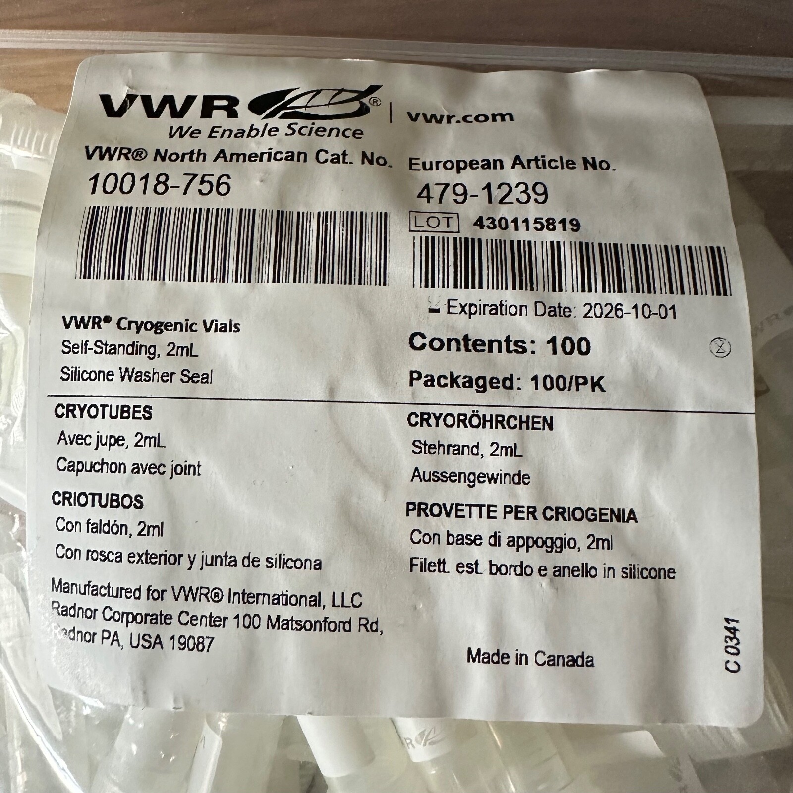 VWR 10018-756 2mL Self-Standing Cryogenic Vials Sealed Pack of 100
