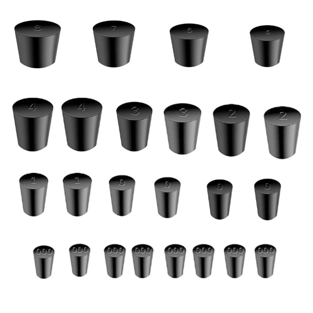 24Pcs Solid Rubber Stoppers 000# – 8# Tapered Lab Bungs 24pcs, Black