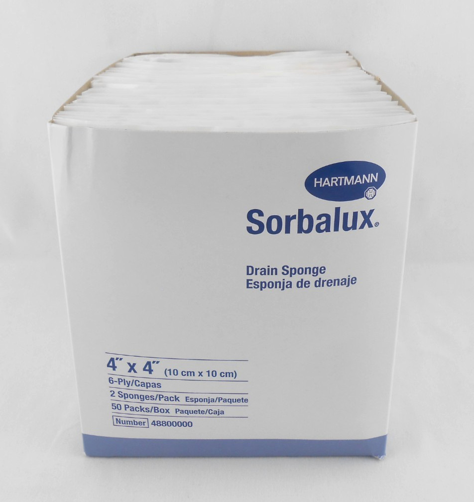 Hartmann Sorbalux Drain Sponge 50 Pack 6 Ply Sterile 4 x 4 Sponges 48800000