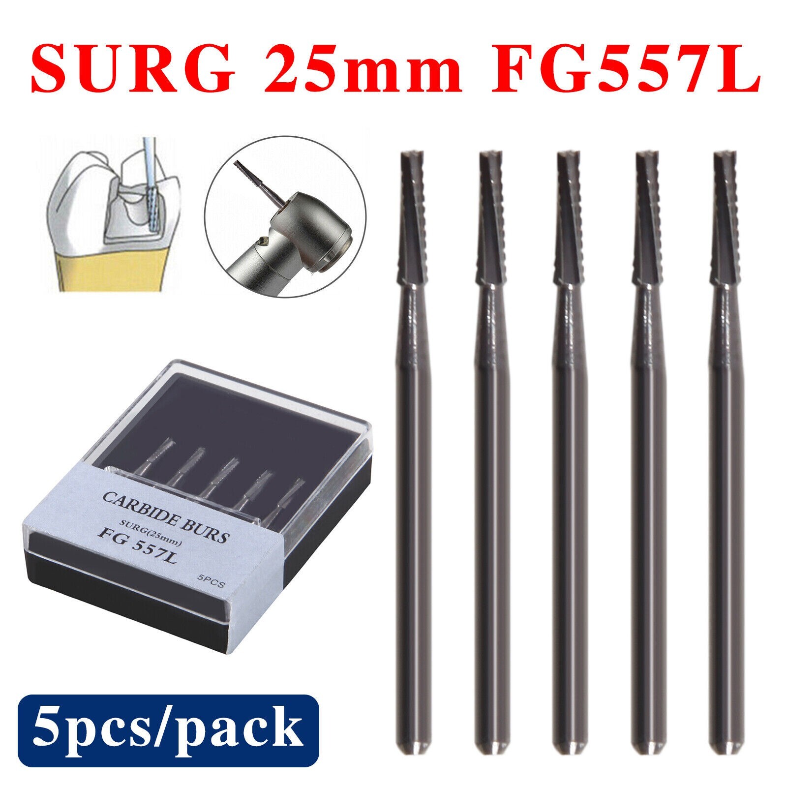 3 packs Dental Long Surgical Burs FG #557L 25mm Shank Tungsten Carbide USA