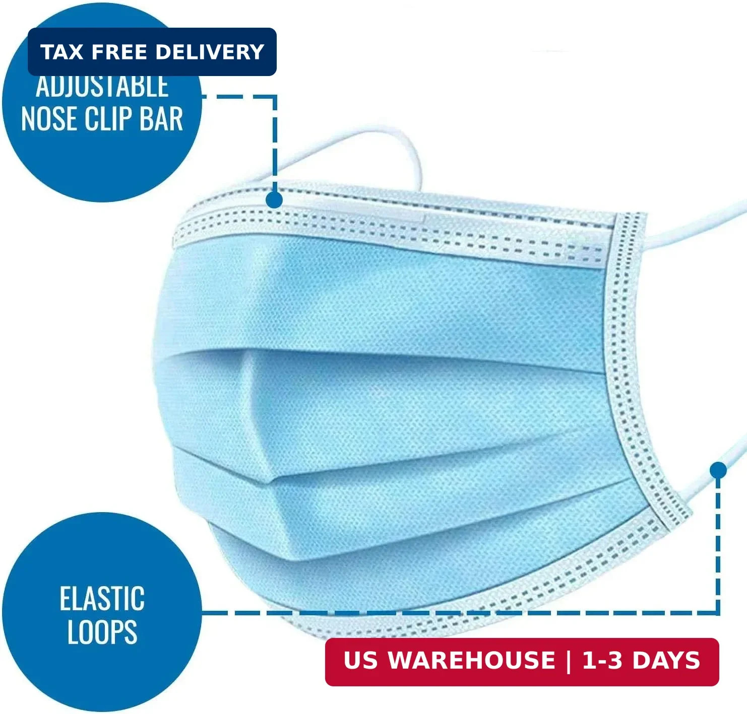 HealthSmart Disposable 3 Layer Face Mask with Ear Loops for Single Use, 50 Count