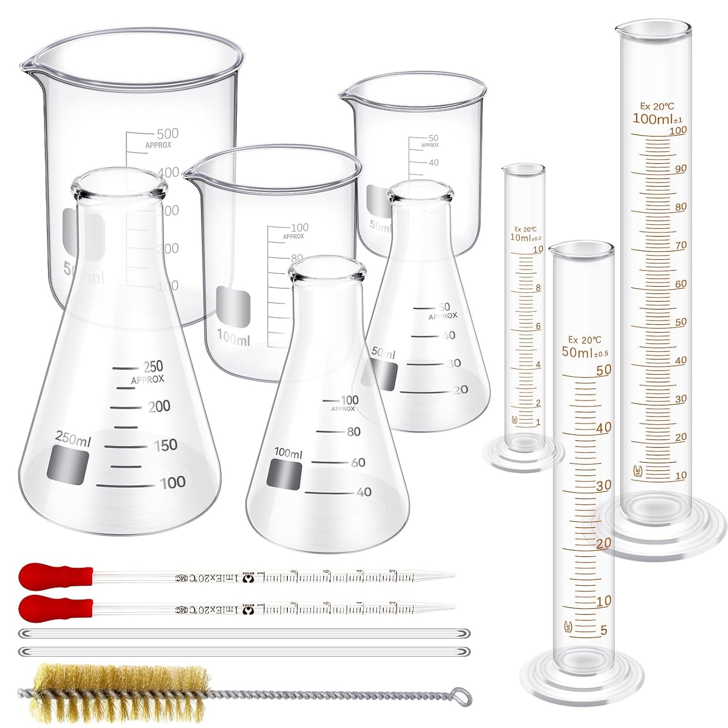 14 Pcs Measuring Beaker Set Lab Flask Glass Graduated Cylinder with Stirring Rod