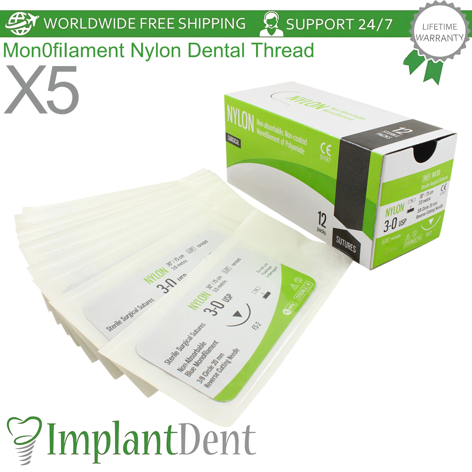 X5 Mon0fiIament Nylon Dental Thread SteriIe 75cm 12pcs 3/8 Circle 20.0mm Reverse
