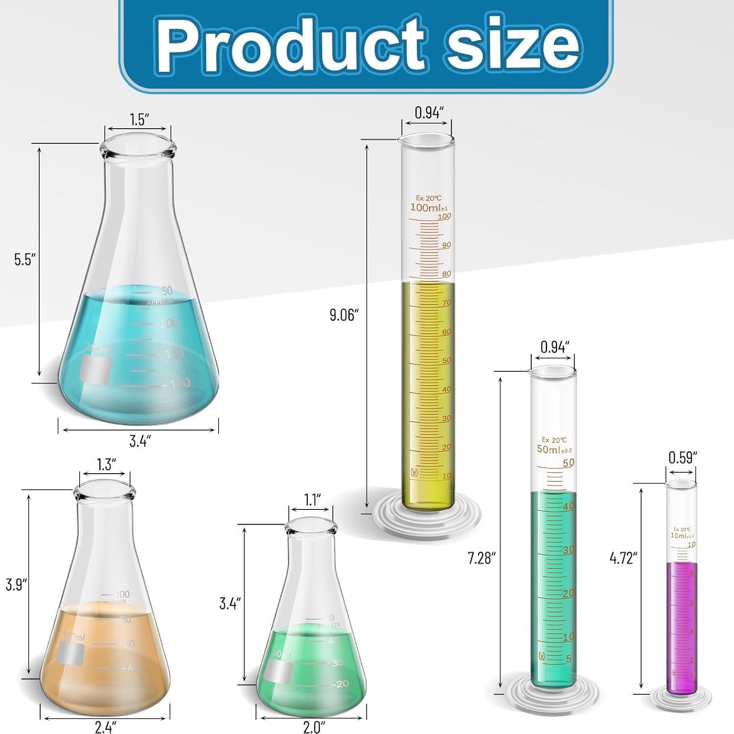 14 Pcs Measuring Beaker Set Lab Flask Glass Graduated Cylinder with Stirring Rod