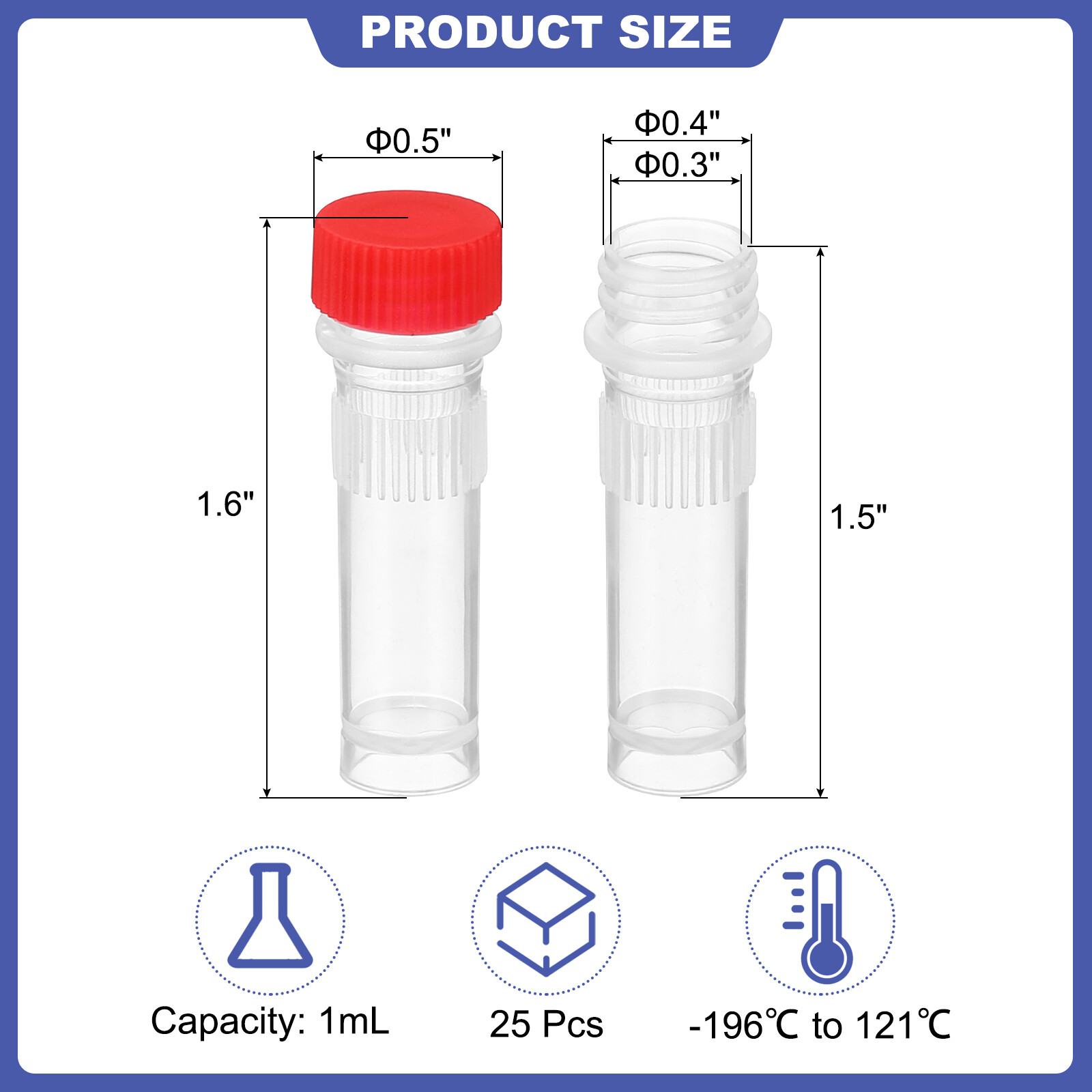 25Pcs 1ml Plastic Cryogenic Vial Self Standing Cryogenic Test Tube Red Cap