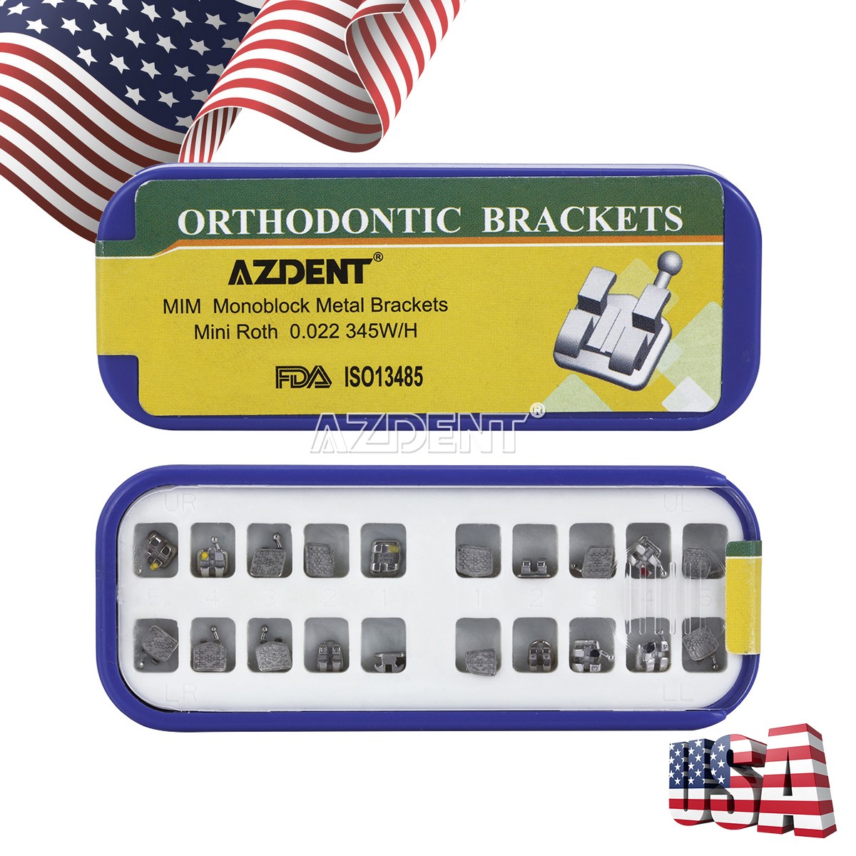 Dental 24K Gold Coated Orthodontic Brackets Braces Mini Roth 022 Hooks 3-4-5