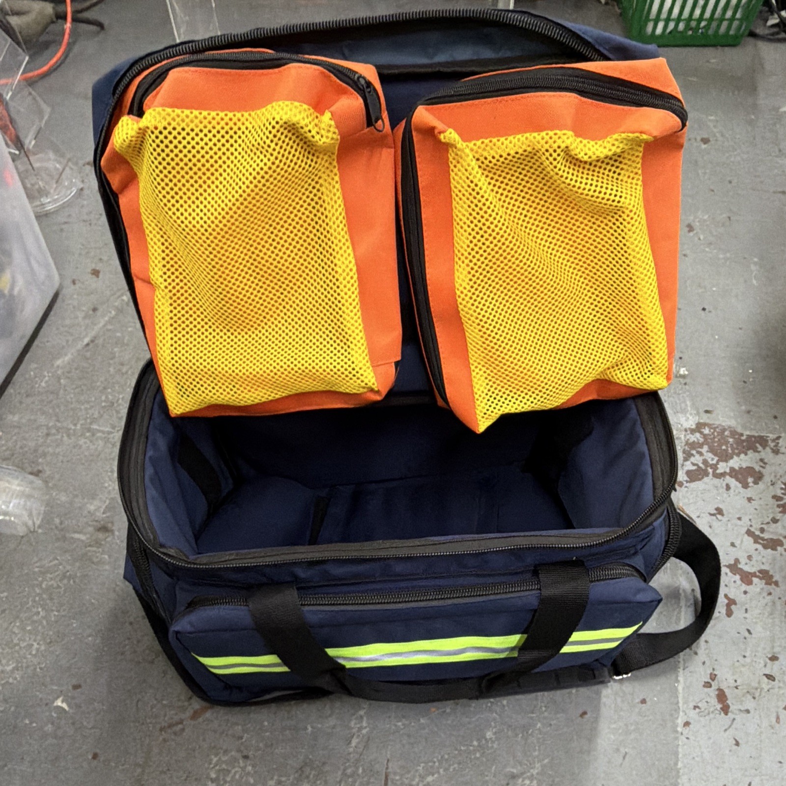 Blue EMS/Trauma First Aid Bag w/ Shoulder Strap, Dividers, 2 Orange Pouches