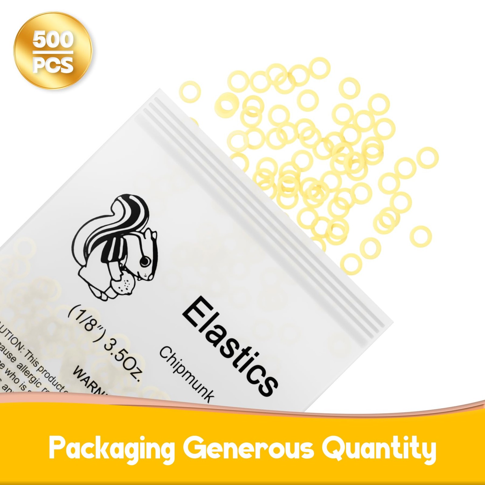 500 Pcs Orthodontic Elastic Rubber Bands, 3.5 1/8″,Chipmunk, Light Yellow