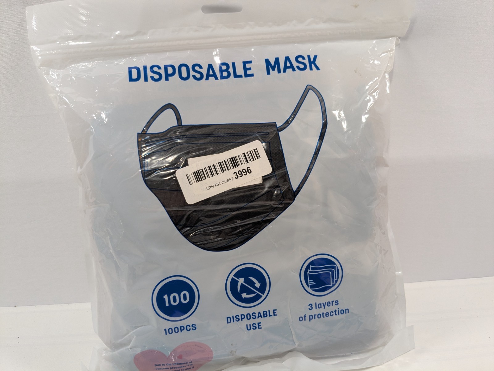 Pack of 100 Disposable Masks Black 3 Protective Layers with 2x KN95 Face Masks