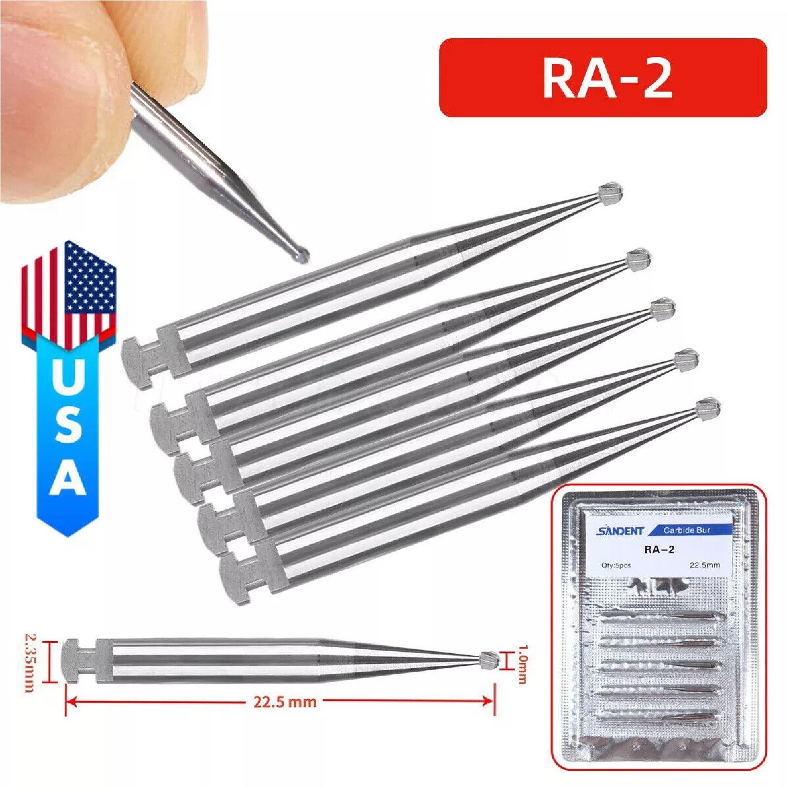 5 pcs/ pack Dental Tungsten Carbide Steel Burs for slow low handpiece RA-2 USA