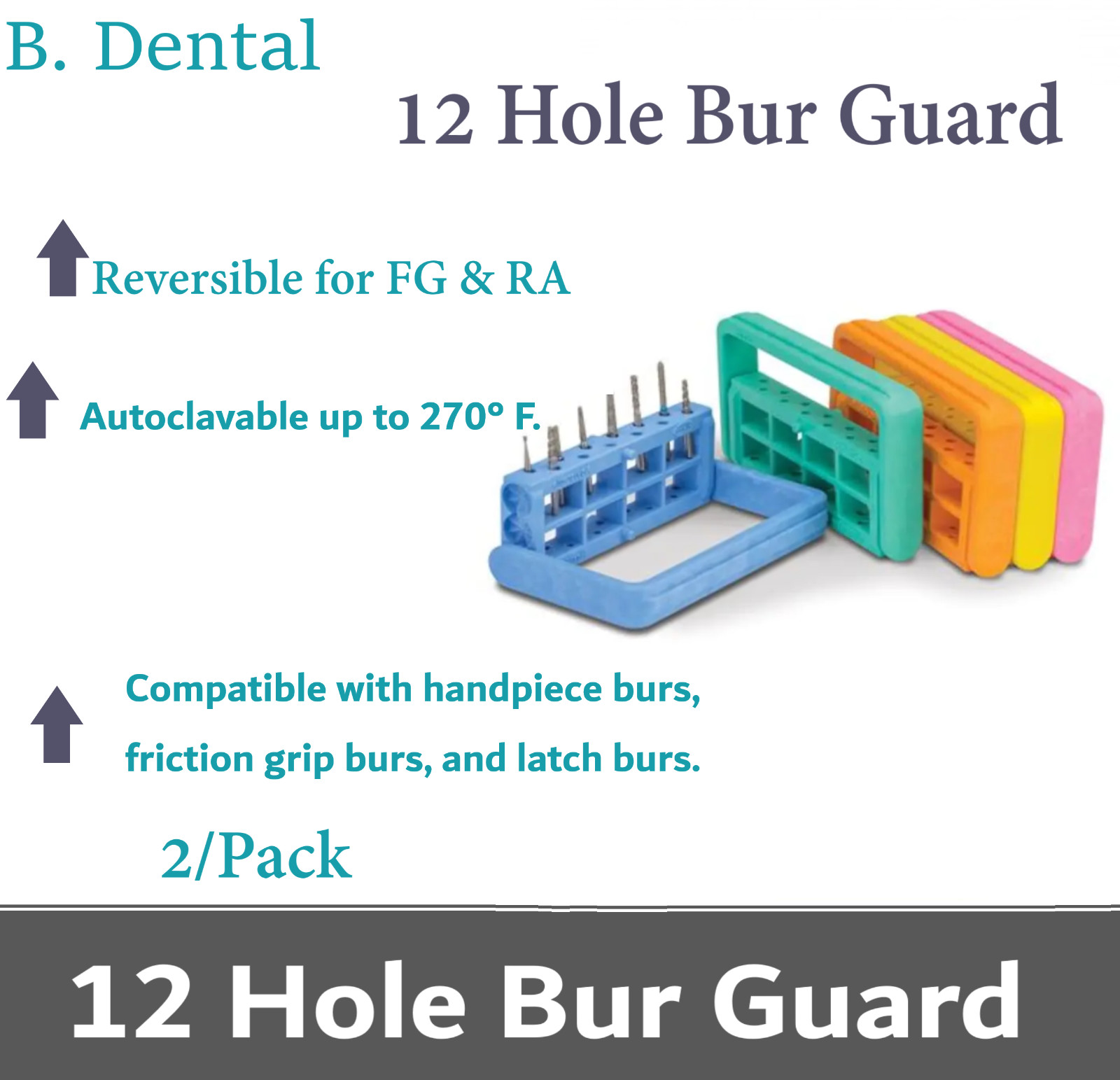 2/Pcs Dental Bur Block 12 Holes for FG, RA, Handpiece Burs, 3-Height Adjustable