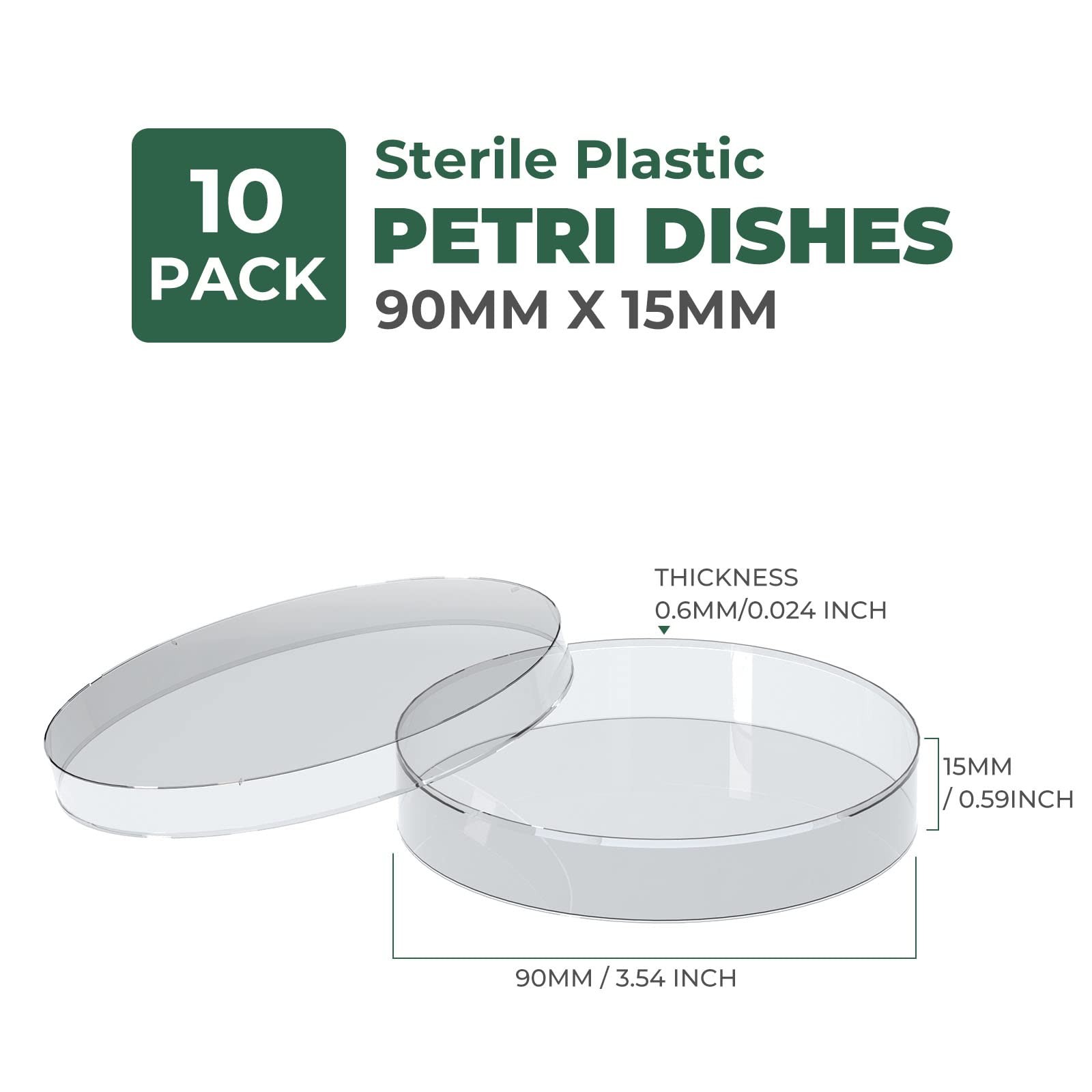 10 Pack Sterile Thick Plastic Petri Dishes with Lid, 90mm Dia – No Agar