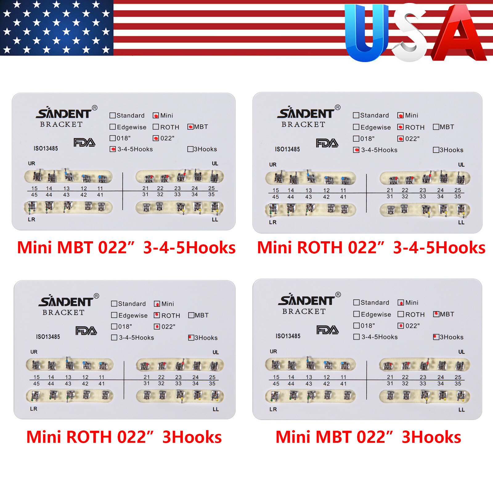 10 Packs YBB Dental Metal Brackets Mini/Standard MBT/Roth 022 Hooks 3/345
