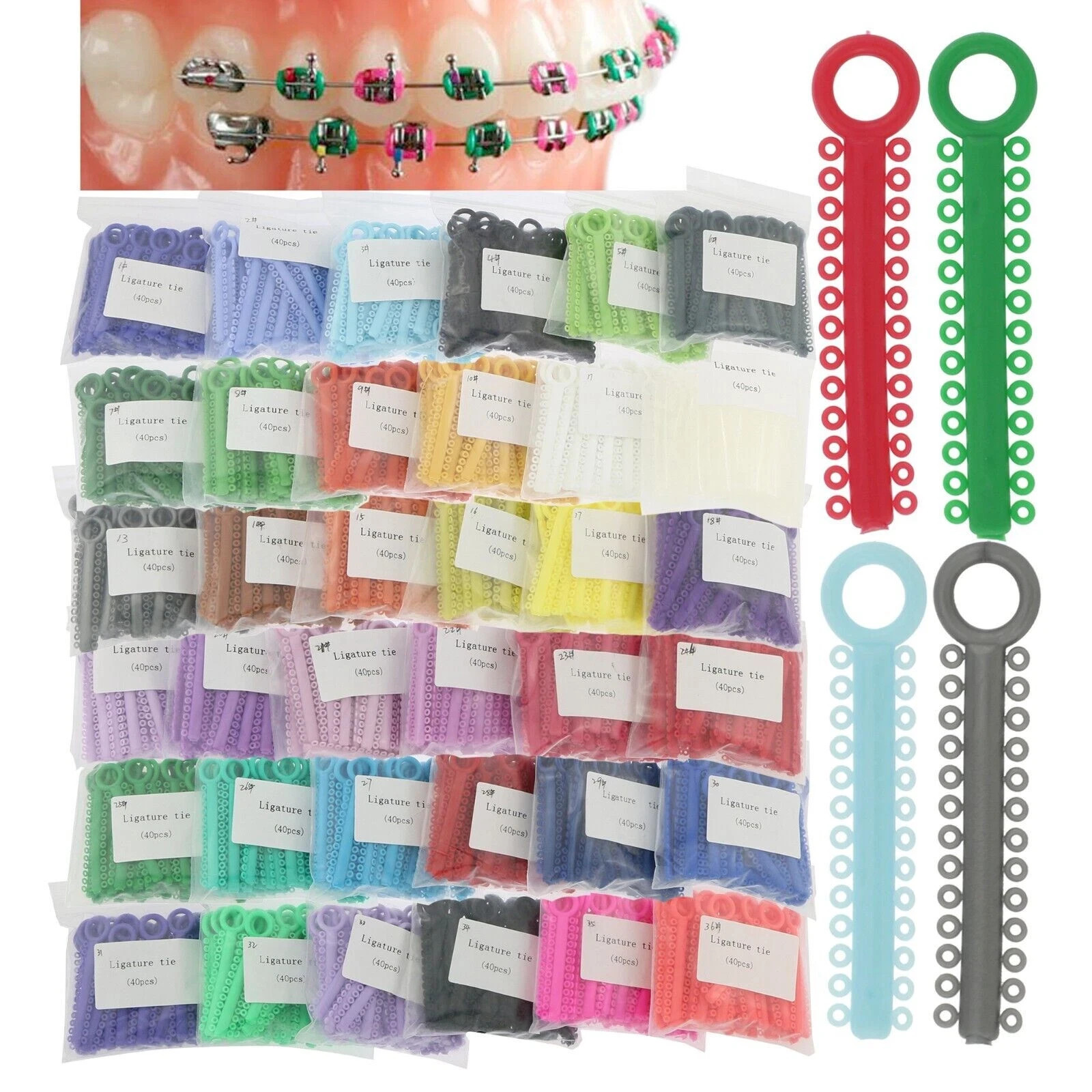 1040 Pcs Dental 37 Colors Orthodontic Elastic Braces Rubber Bands Ligature Ties