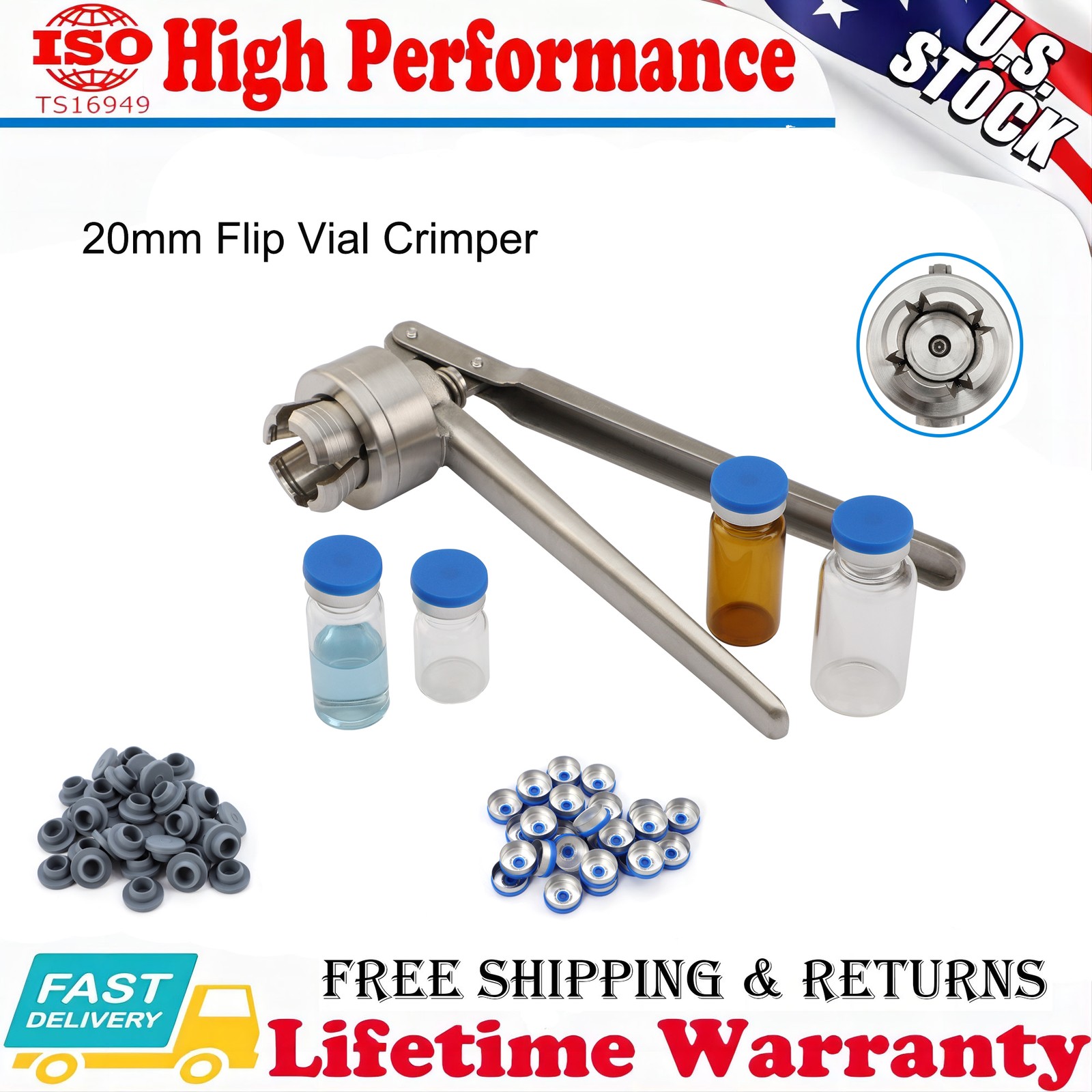 20mm Flip Vial Crimper, Crimping Tool w/ (100 Pcs Flip Caps and Rubber Stoppers)