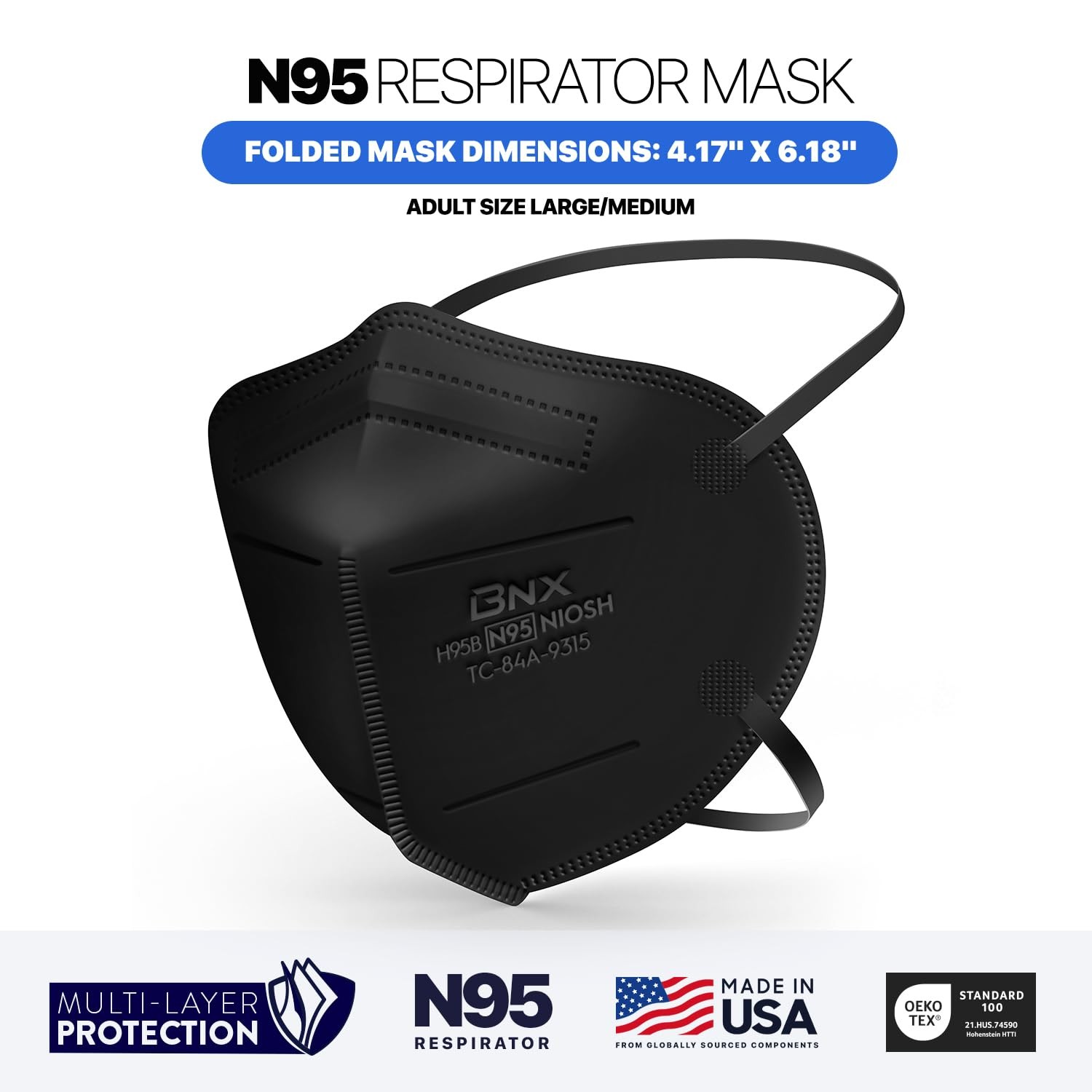 AccuMed BNX N95 Mask Black NIOSH 1 Count (Pack of 20), 20-pack