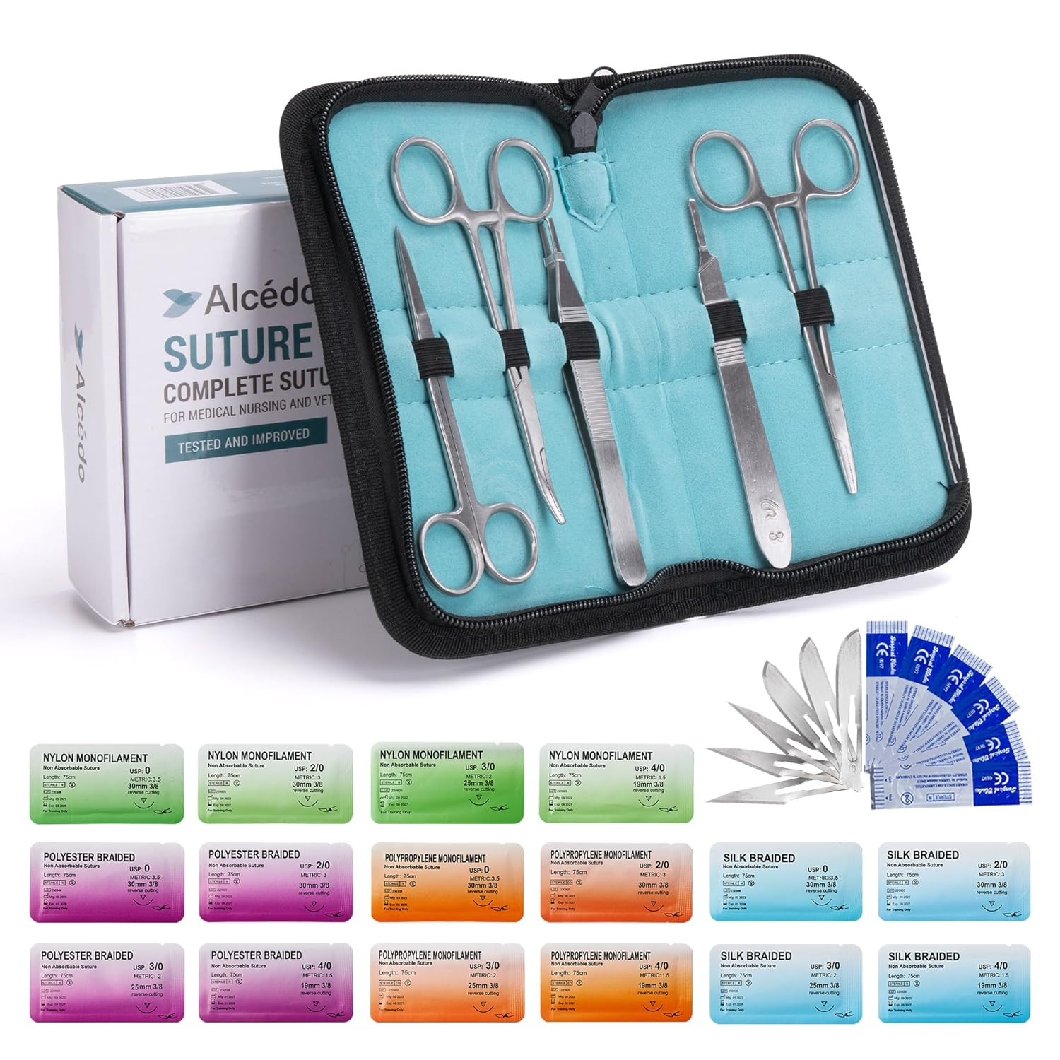 Sterile Sutures Thread & Needle Kit 16 Mixed Sizes w/ 12 Tools 28pc – US
