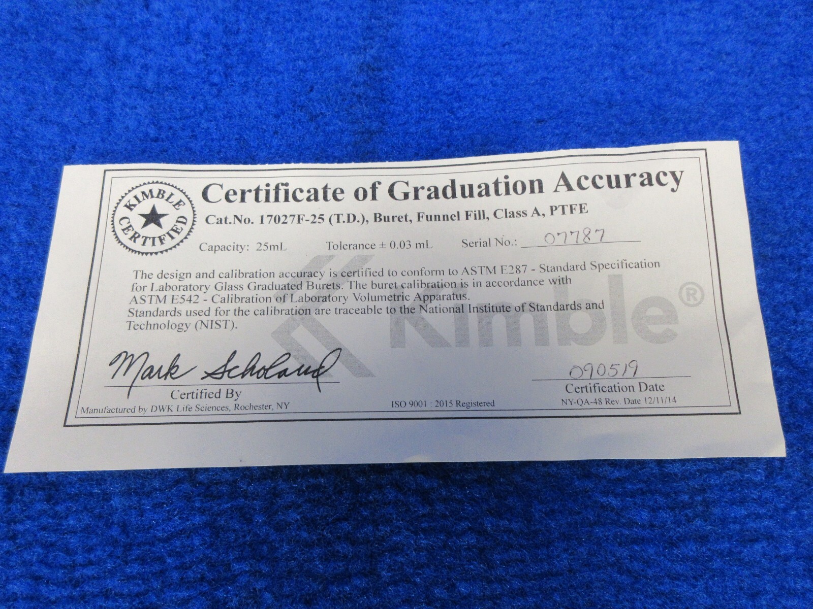 KIMBLE KIMAX 25mL Buret Class A Certified Funnel Fill PTFE Opening 17027F-25