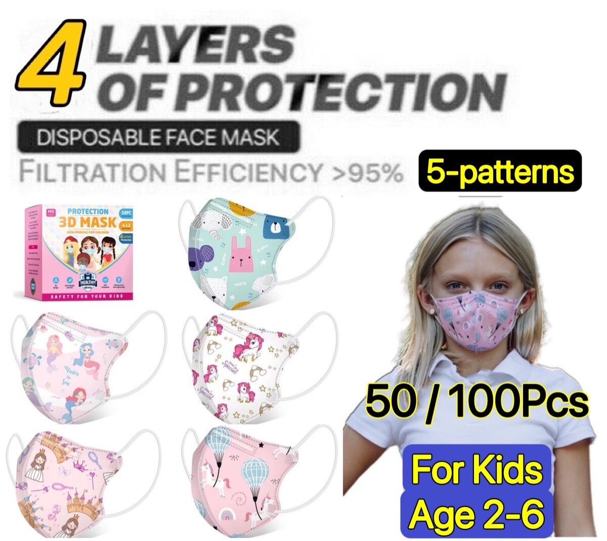 100Pcs Cartoon Protective 4-Layer Face Mask BFE 95% Disposable 3D Mask for Girls