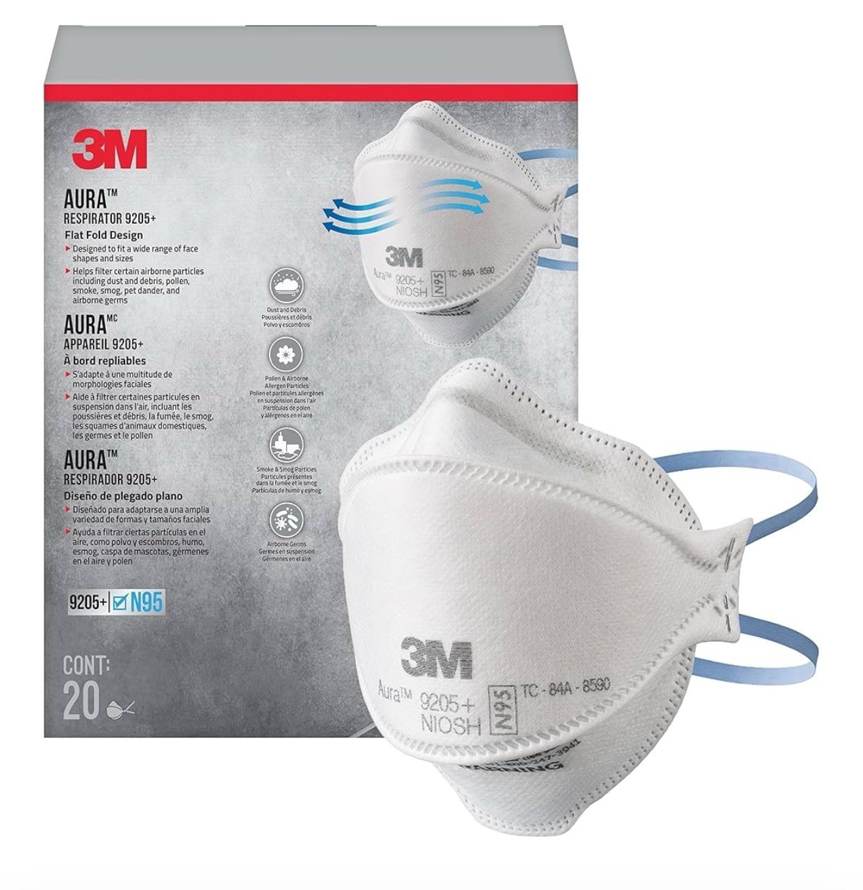 3M Aura 9205 N 95 Particulate Respirator Face Mask – White (20 Pack)