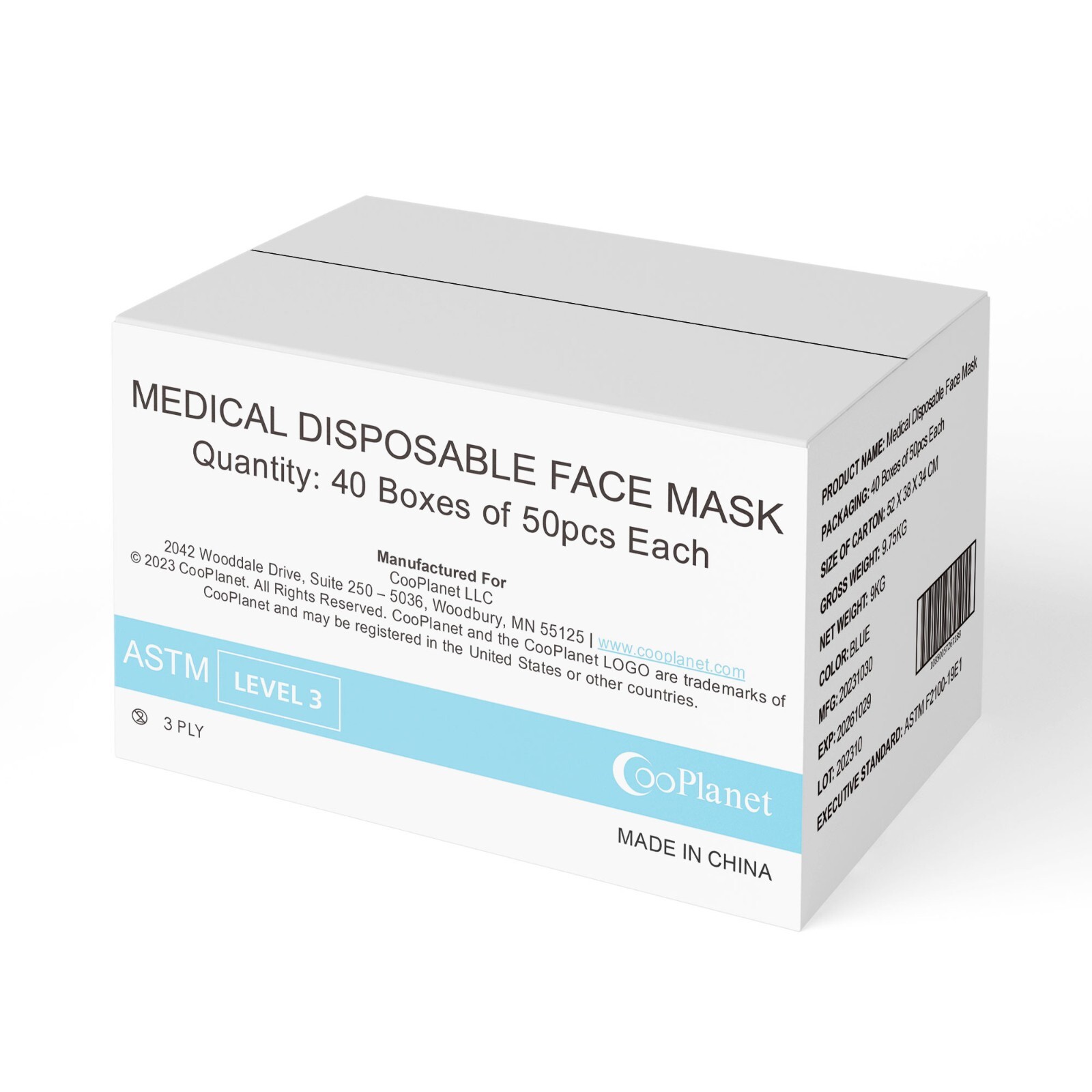 CooPlanet – Blue ASTM Level 3, 99% PFE, Medical-Grade, Face Mask (2000 Case