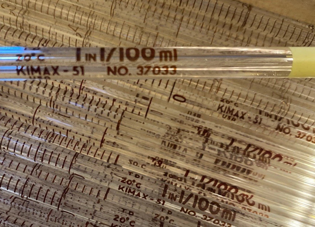 Lot Of 44 Mixed Kimble Kimax Glass Pipettes Pipets Various Sizes 37033, 37034