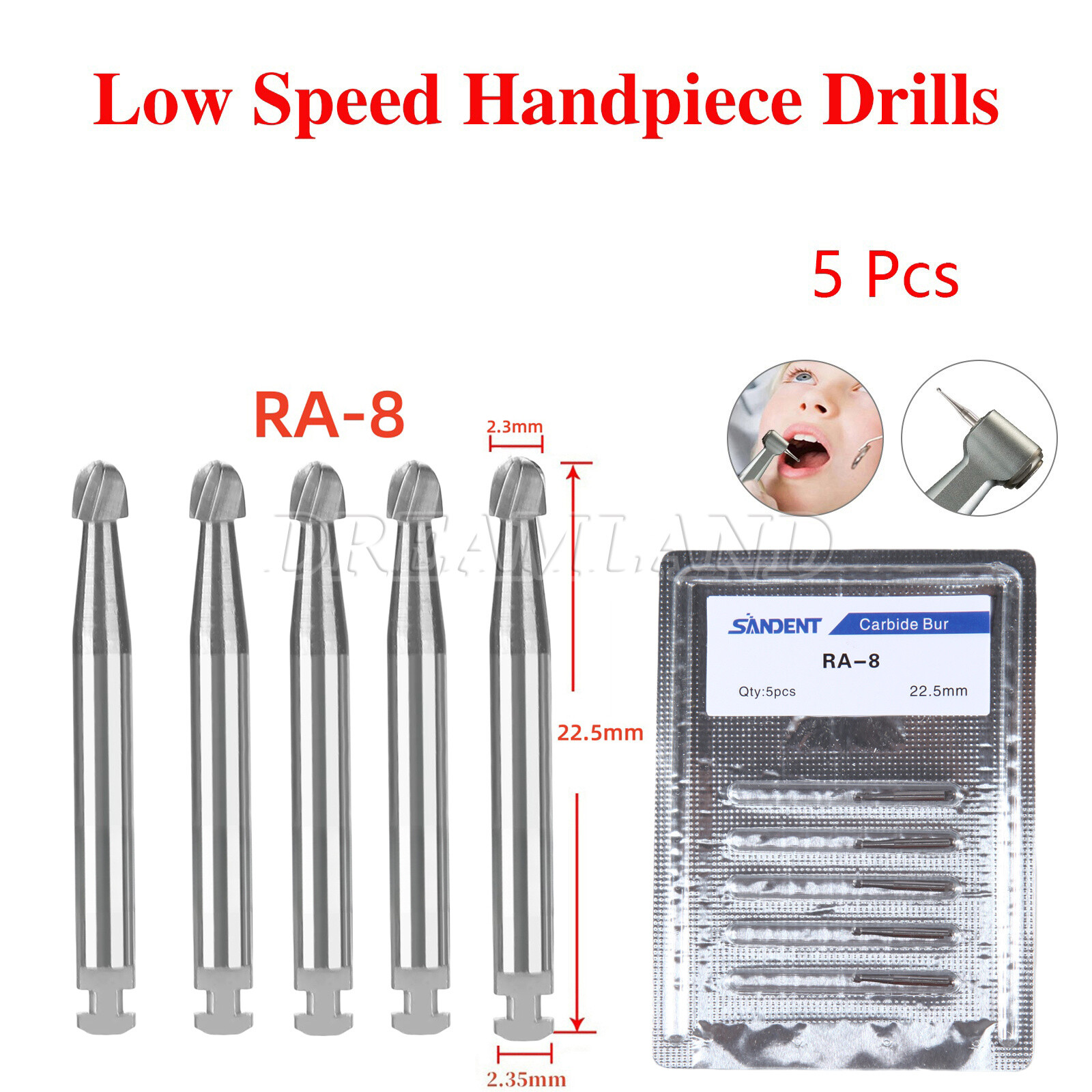 5 Pcs/Pack Dental 22.5mm Round Carbide Bur Slow Speed Latch Type RA8 Burs USA