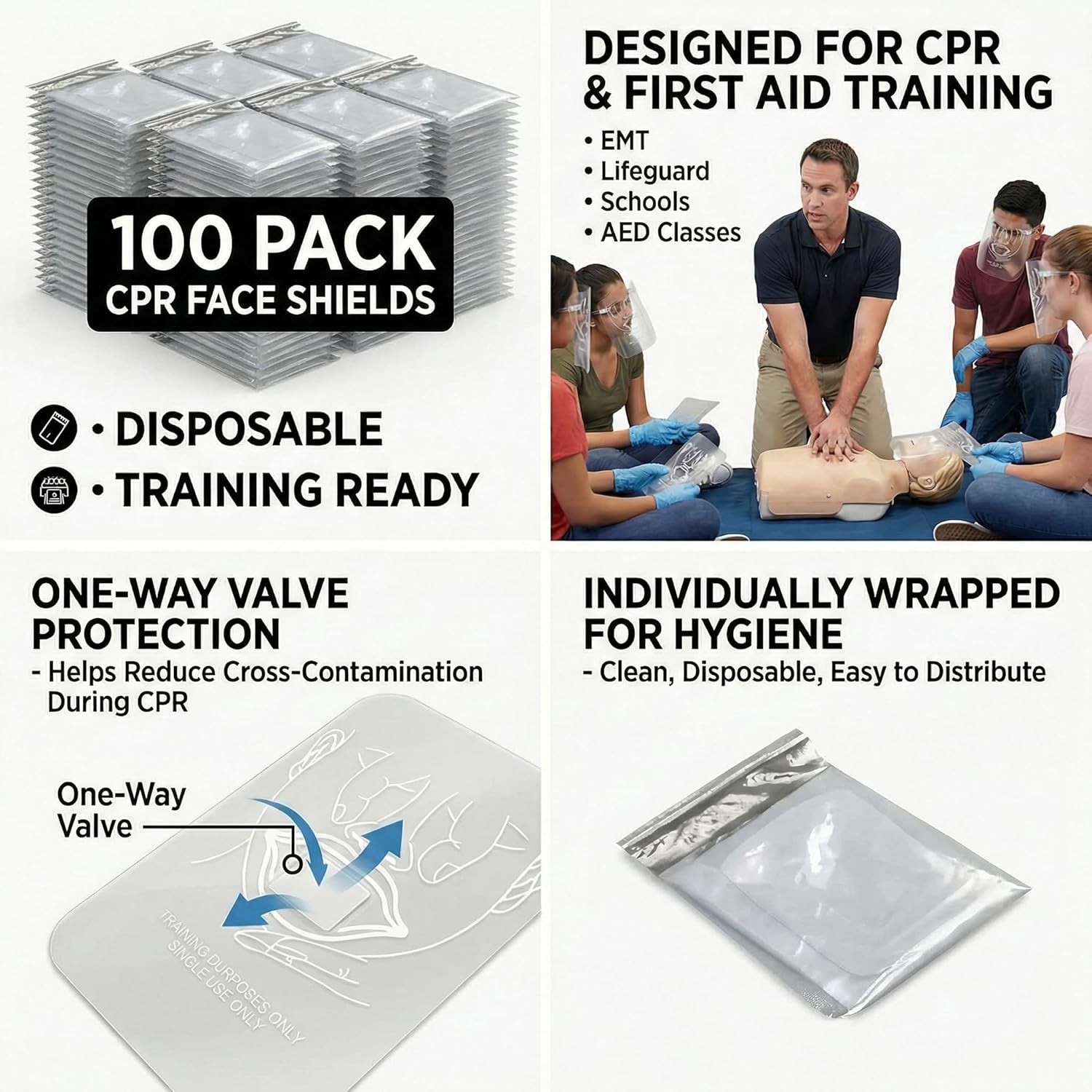 CPR Face Shield Masks – 100 Pack Individually Wrapped Rescue CPR Training Shield