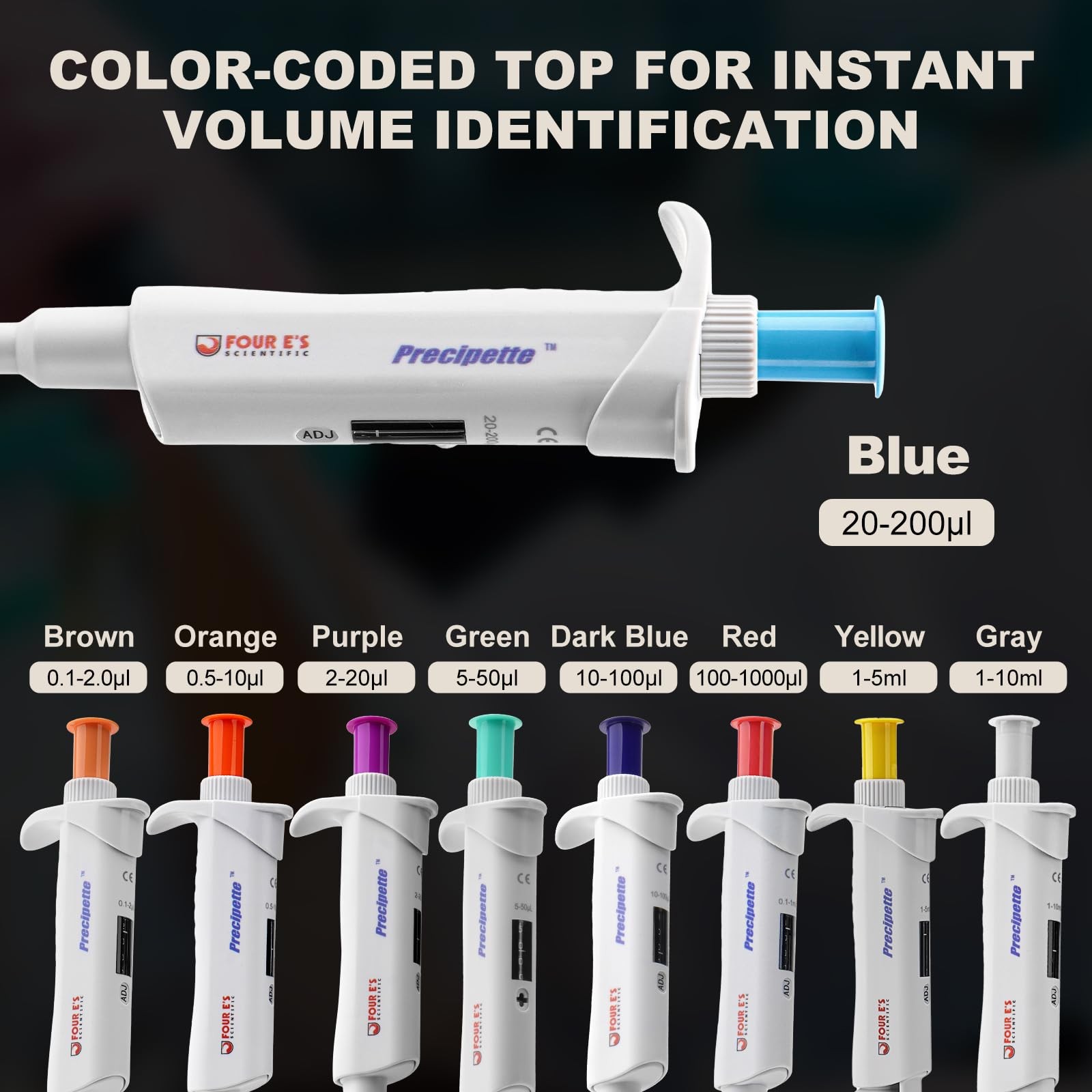 Lab 20-200µL Pipette: Single-Channel Adjustable Micropipette with Color-Coded (B