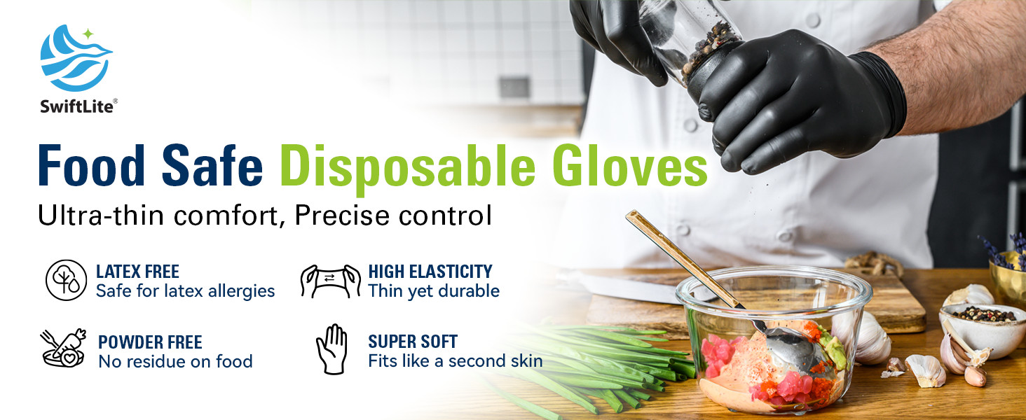 Black Nitrile Gloves, Food Safe Disposable Gloves Latex Free, Rubber Gloves