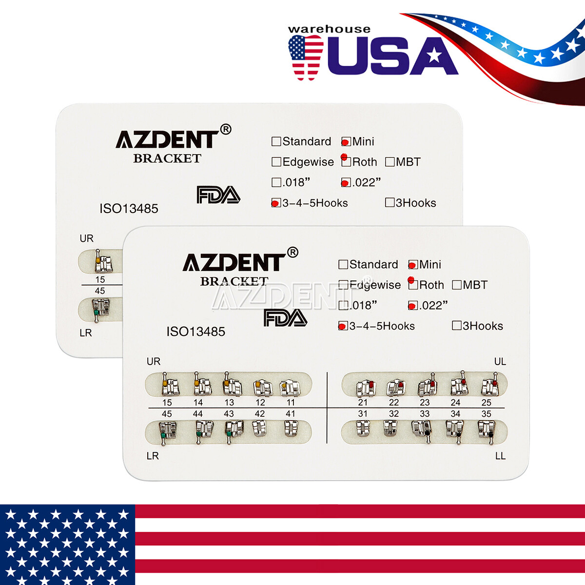50Pack AZDENT Dental Orthodontic Metal Brackets Braces Mini Roth.022 345 Hooks