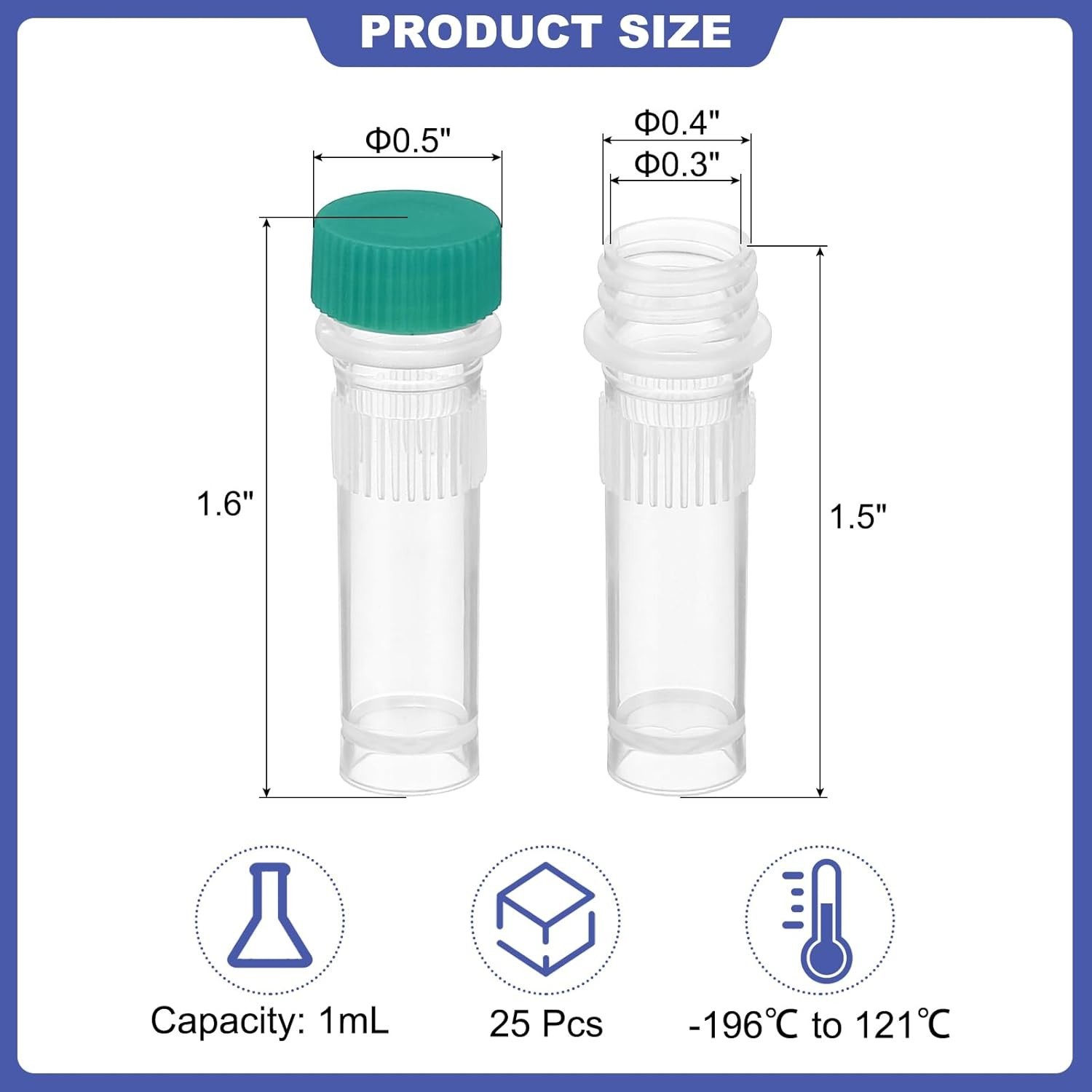 Self-Standing Cryogenic Tubes, 25 X 1ml with Green Caps for Safe Storage