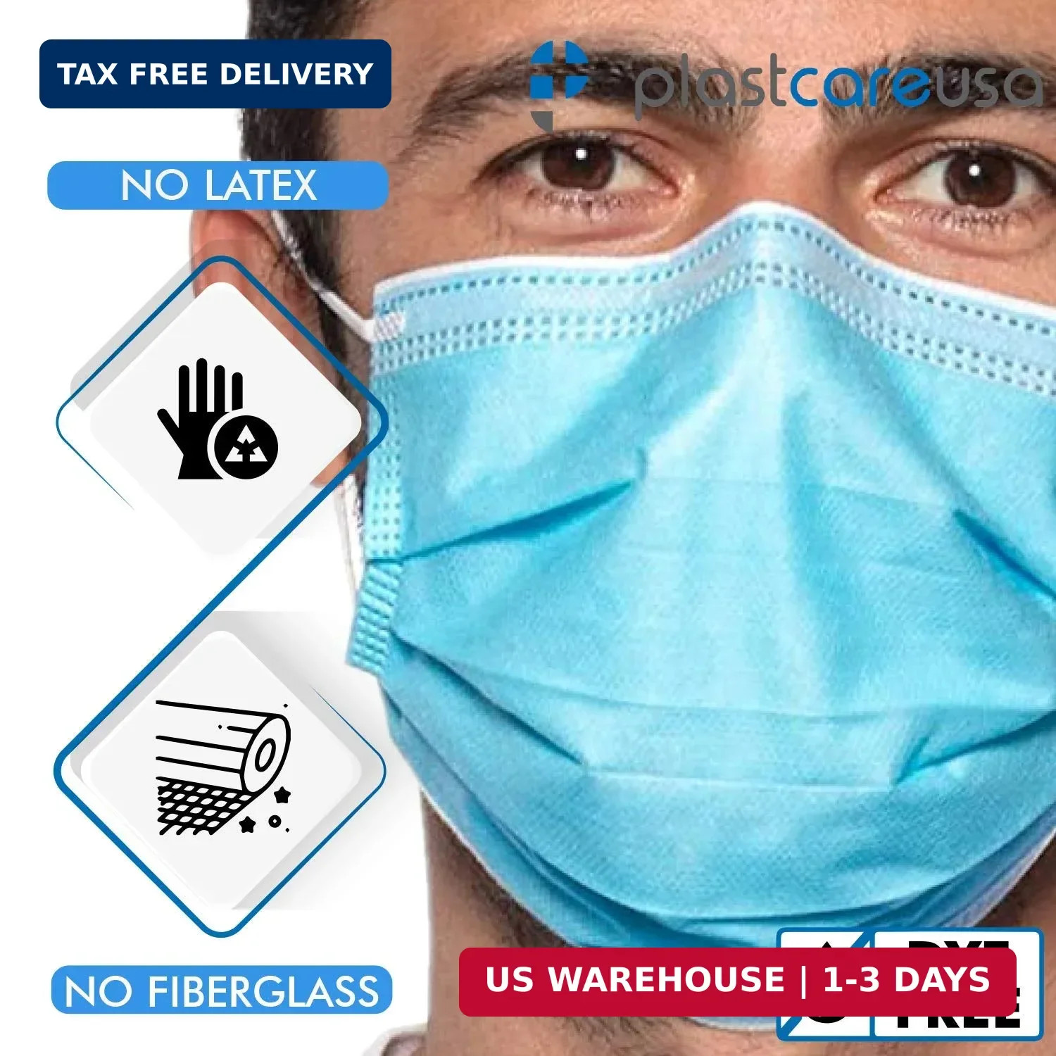PlastCare USA 100 4-Ply ASTM Level 3 Face Masks, Disposable (Blue) (2 Boxes of 5